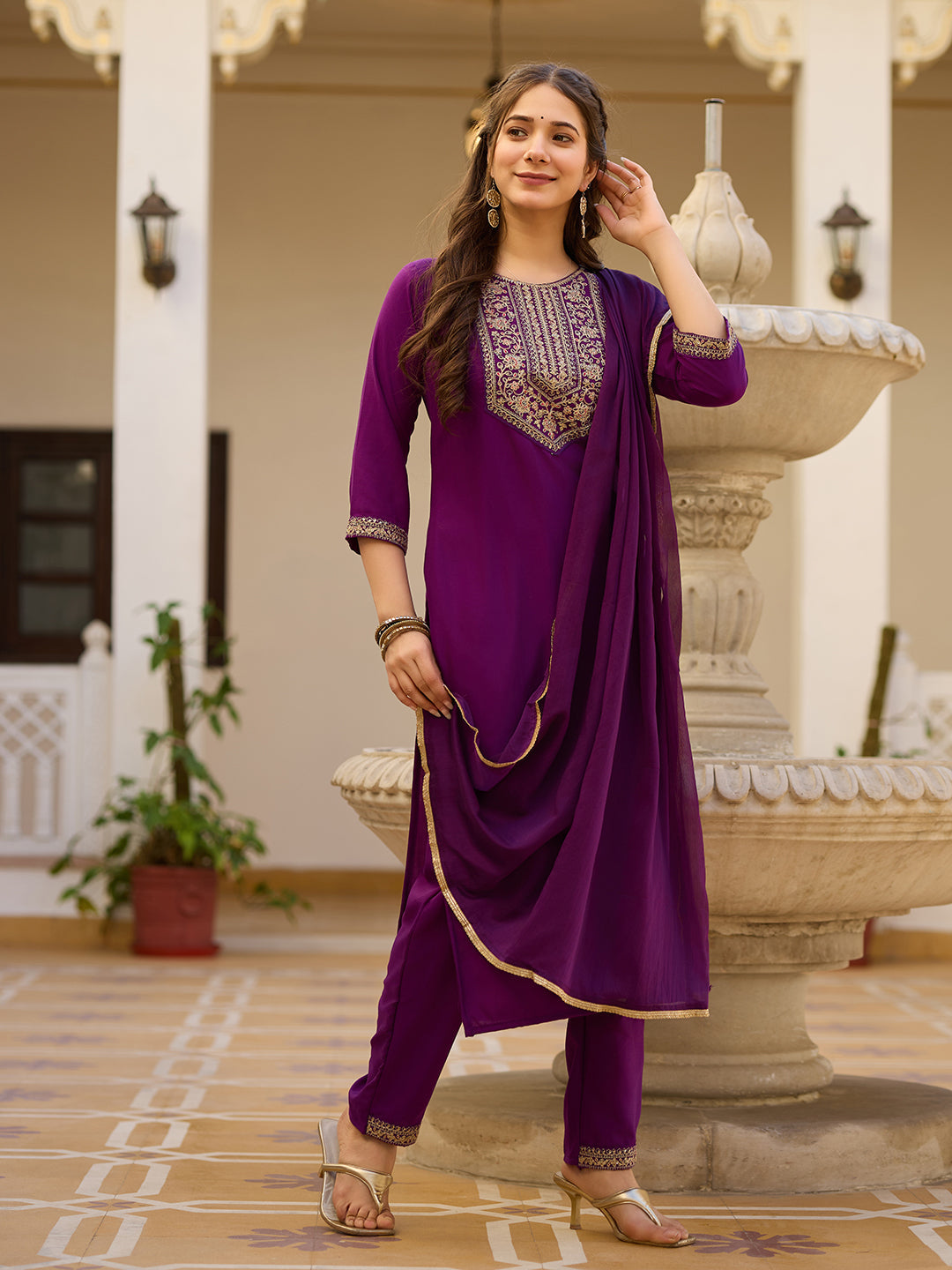 Embroidered Rayon Kurti & Pant Set with Chinon Dupatta
