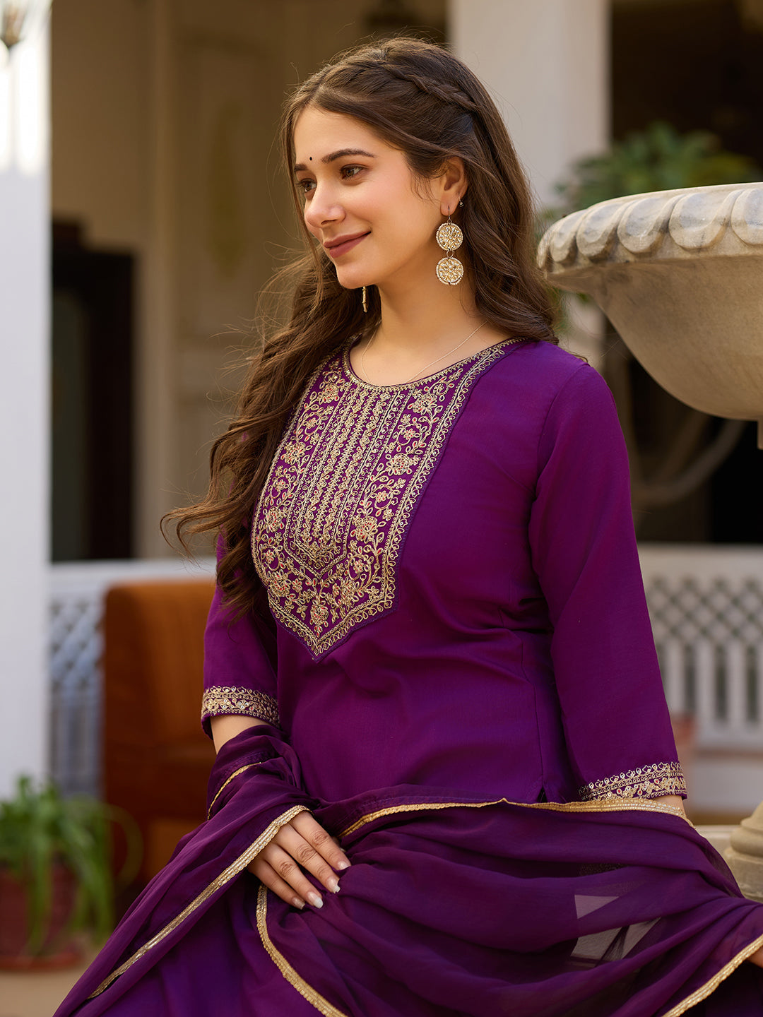 Embroidered Rayon Kurti & Pant Set with Chinon Dupatta