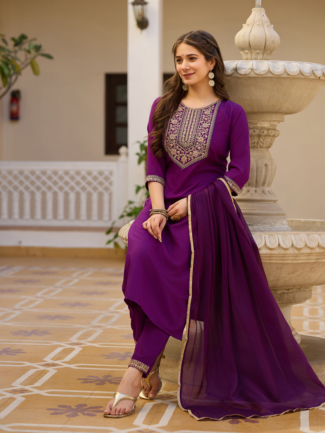 Embroidered Rayon Kurti & Pant Set with Chinon Dupatta