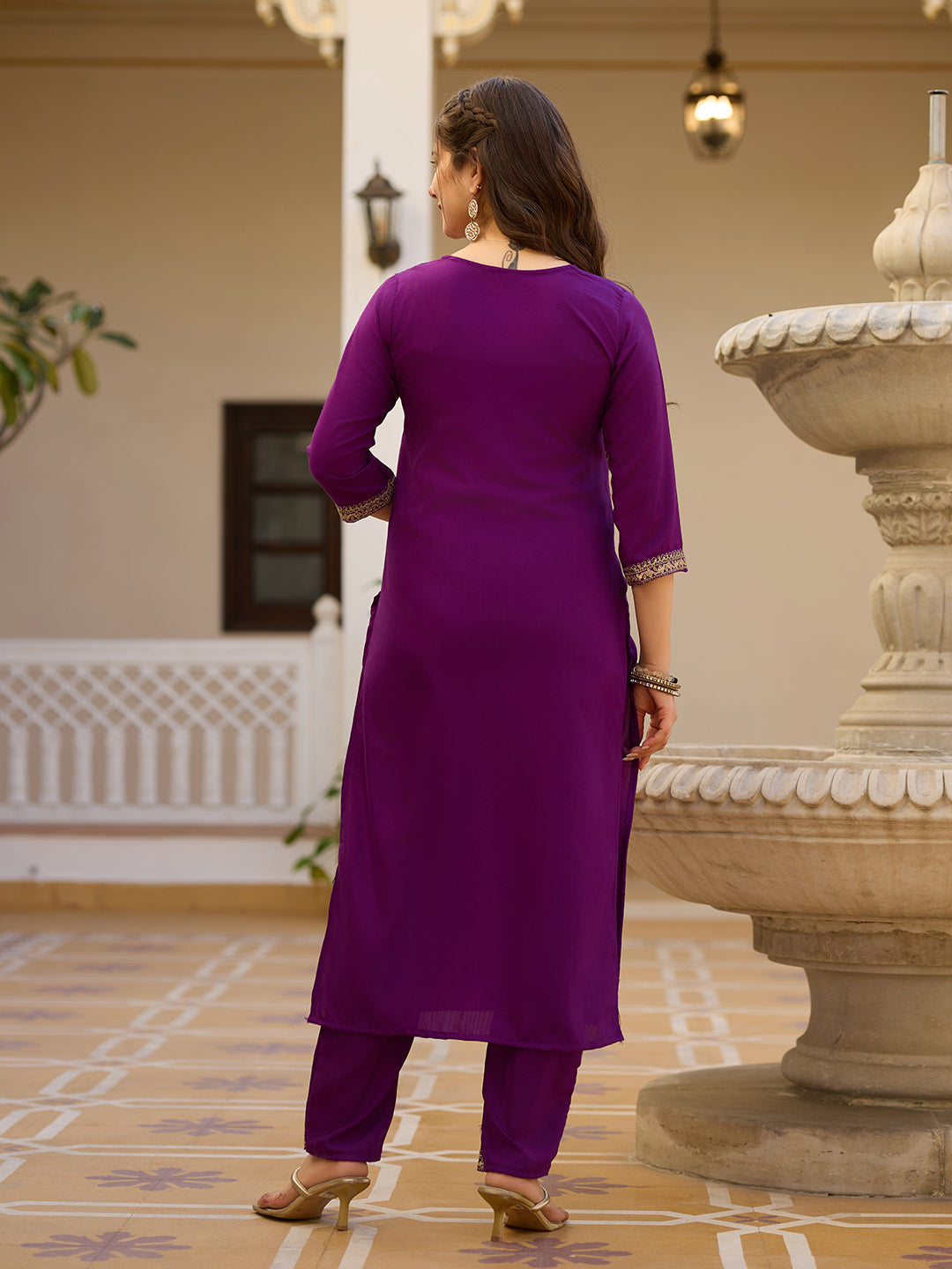Embroidered Rayon Kurti & Pant Set with Chinon Dupatta