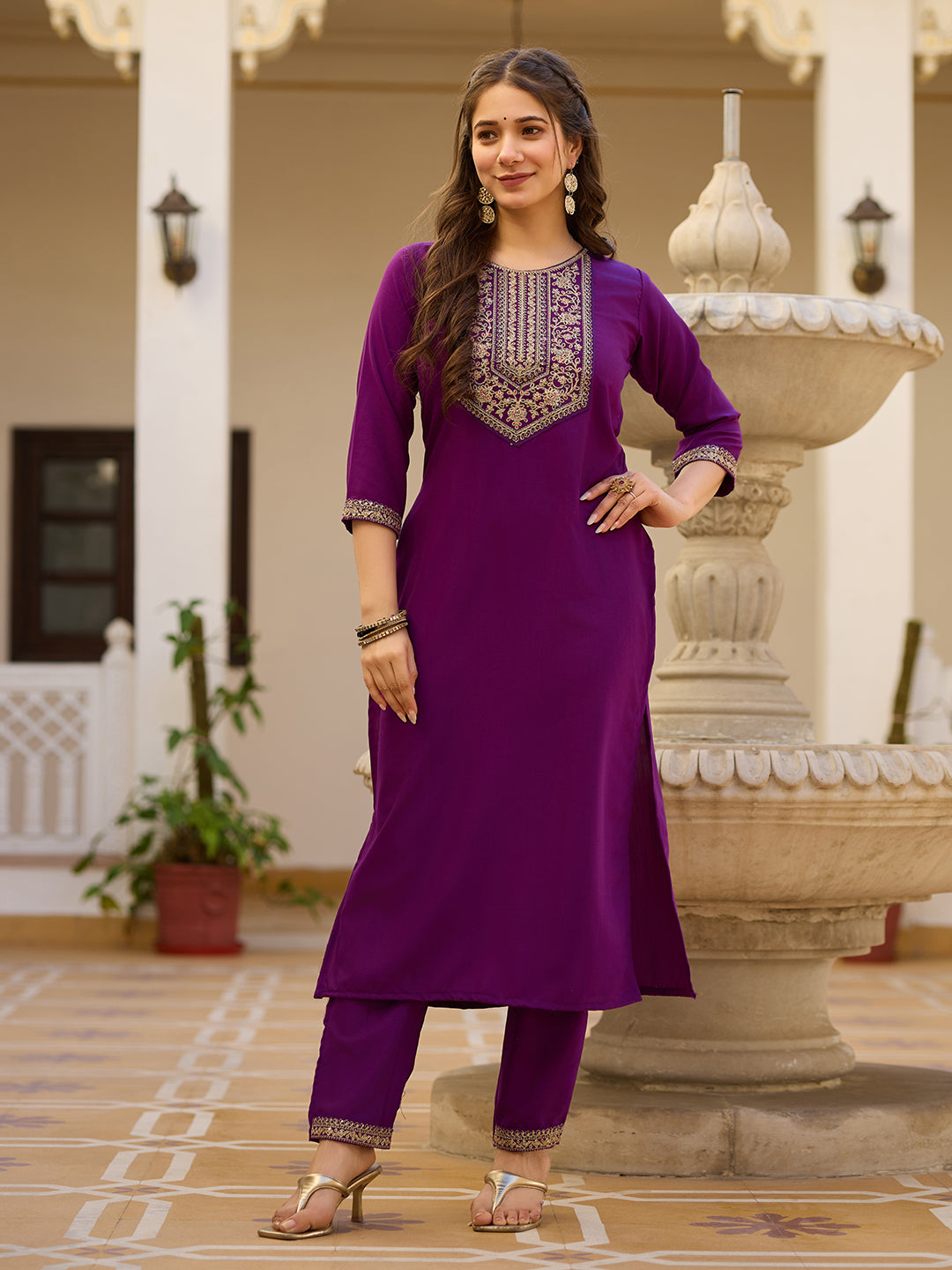 Embroidered Rayon Kurti & Pant Set with Chinon Dupatta