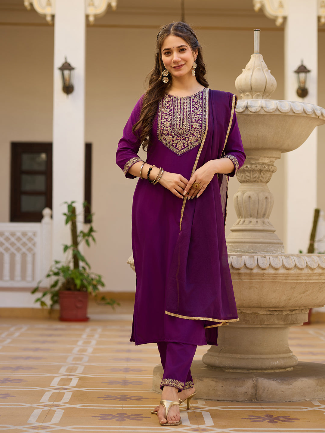 Embroidered Rayon Kurti & Pant Set with Chinon Dupatta