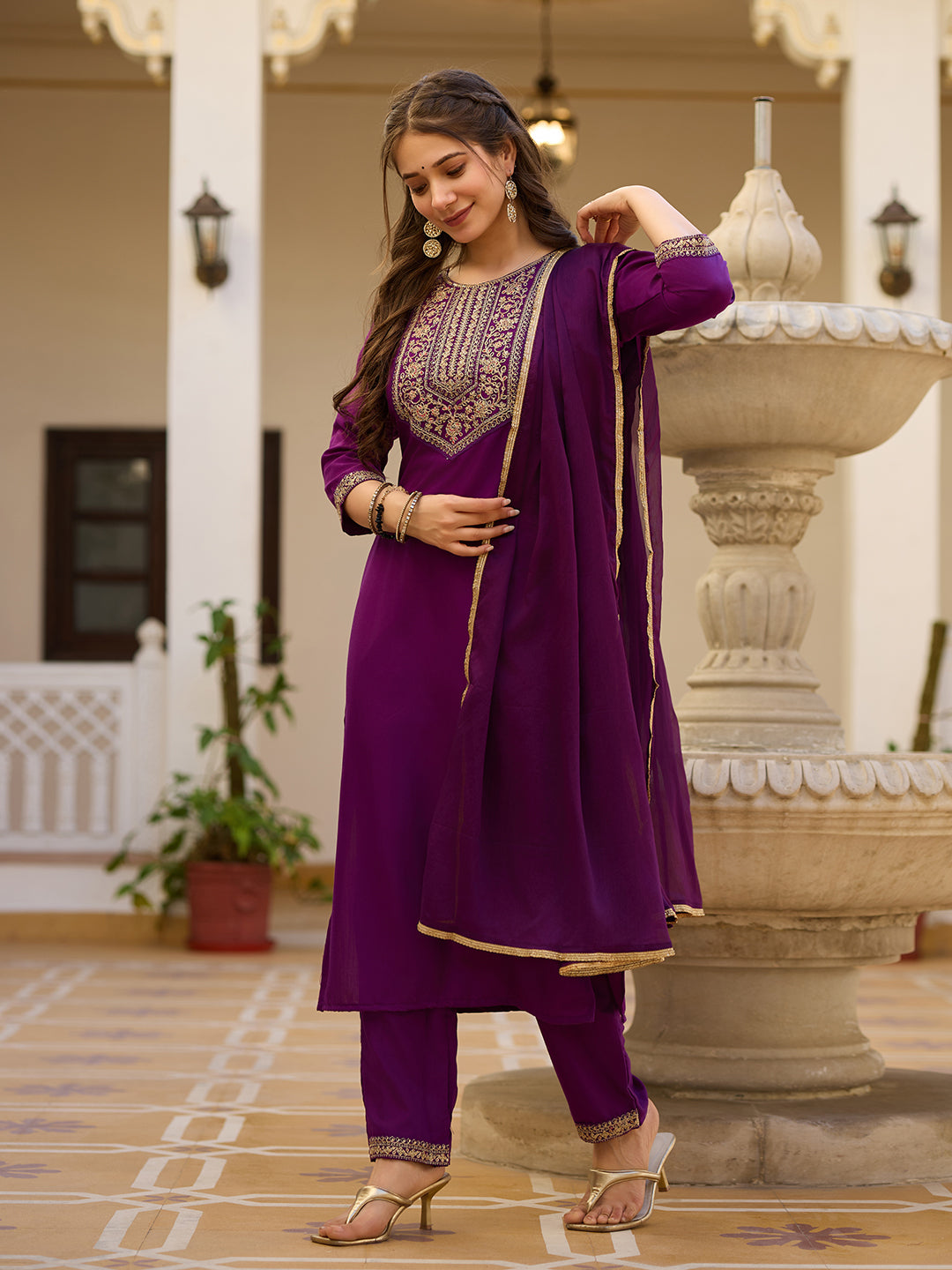 Embroidered Rayon Kurti & Pant Set with Chinon Dupatta