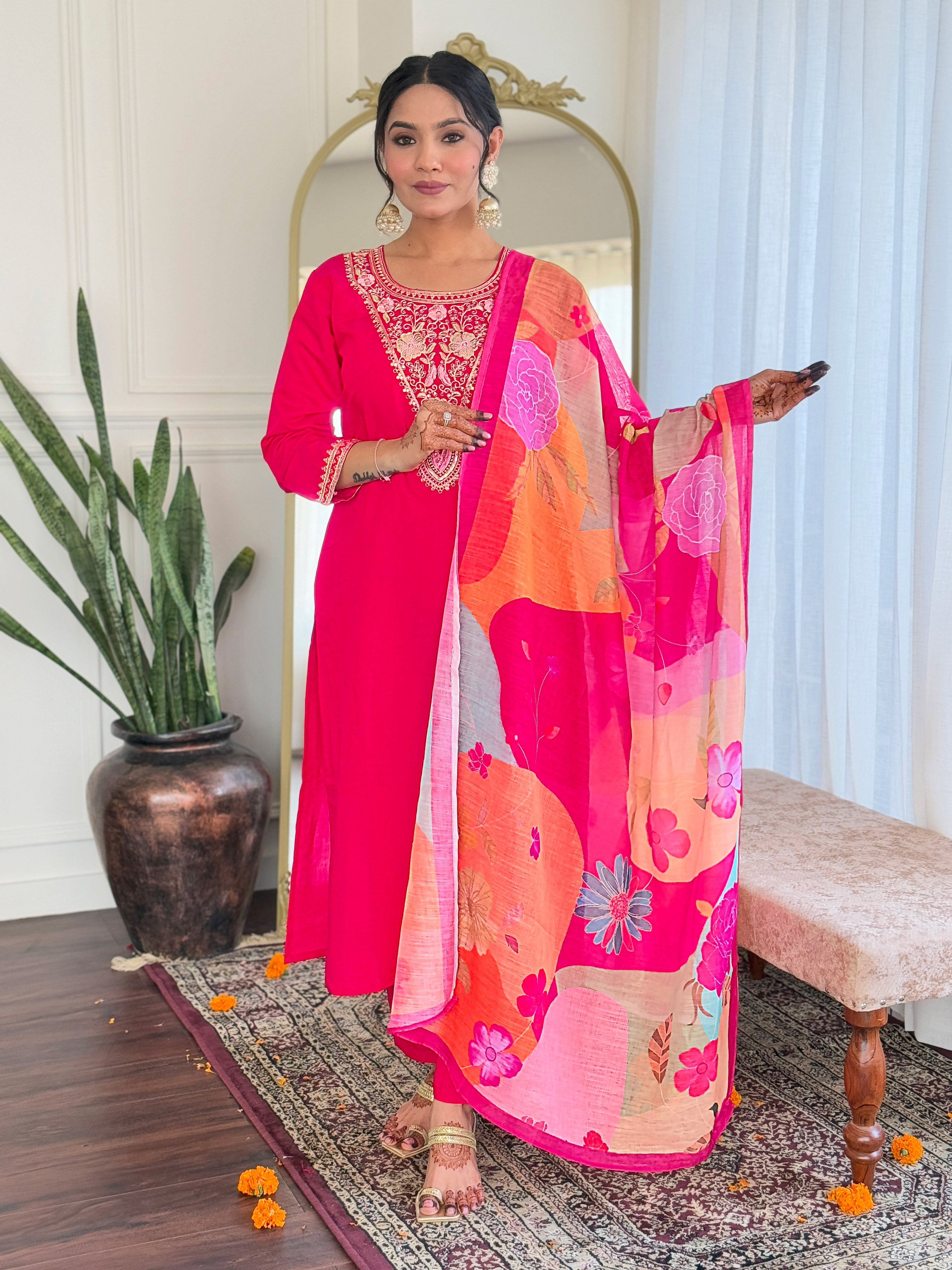 Women's Viscose Chanderi Embroidered Straight Kurta with Viscose Chanderi Pant & Linen Printed Dupatta Set