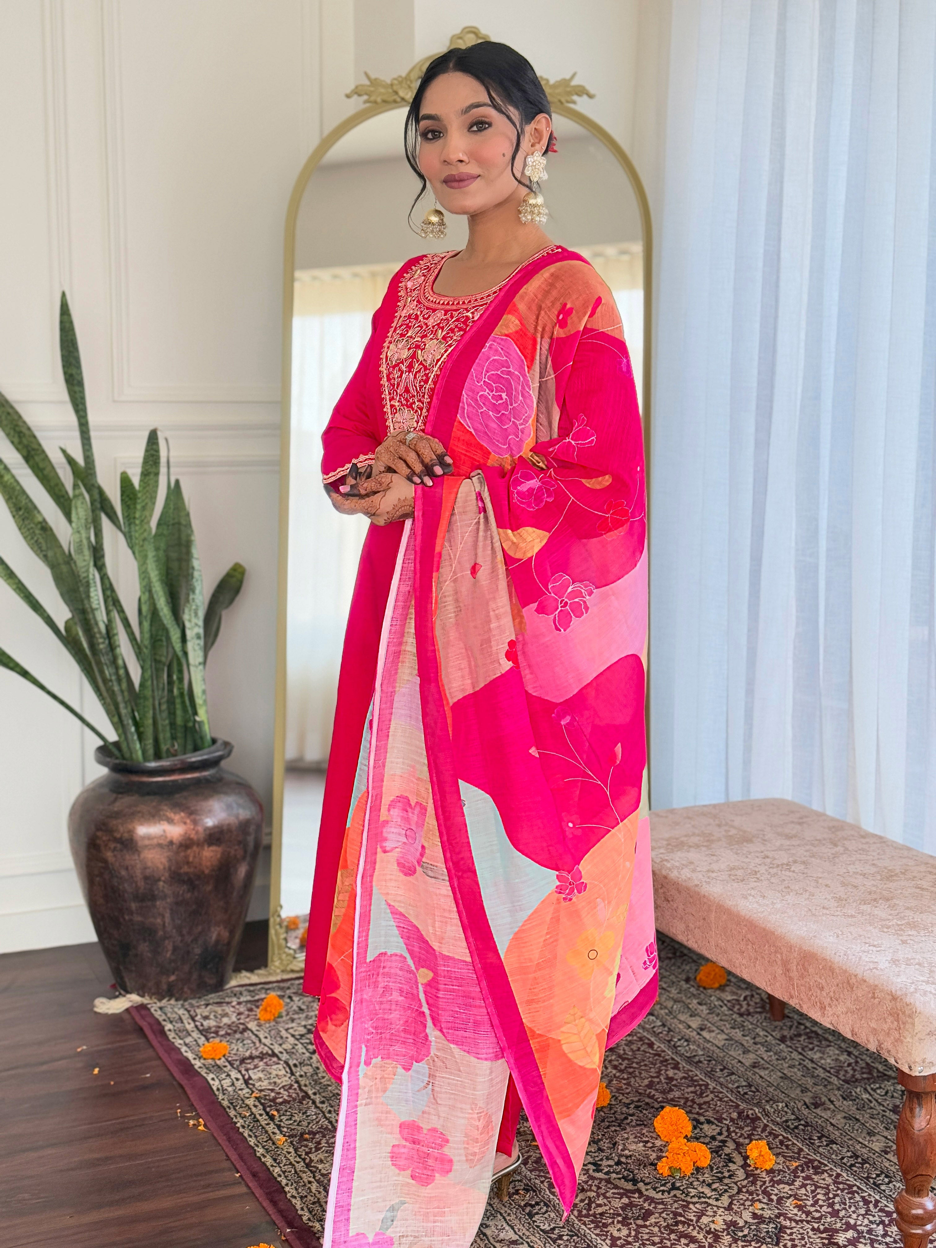 Women's Viscose Chanderi Embroidered Straight Kurta with Viscose Chanderi Pant & Linen Printed Dupatta Set