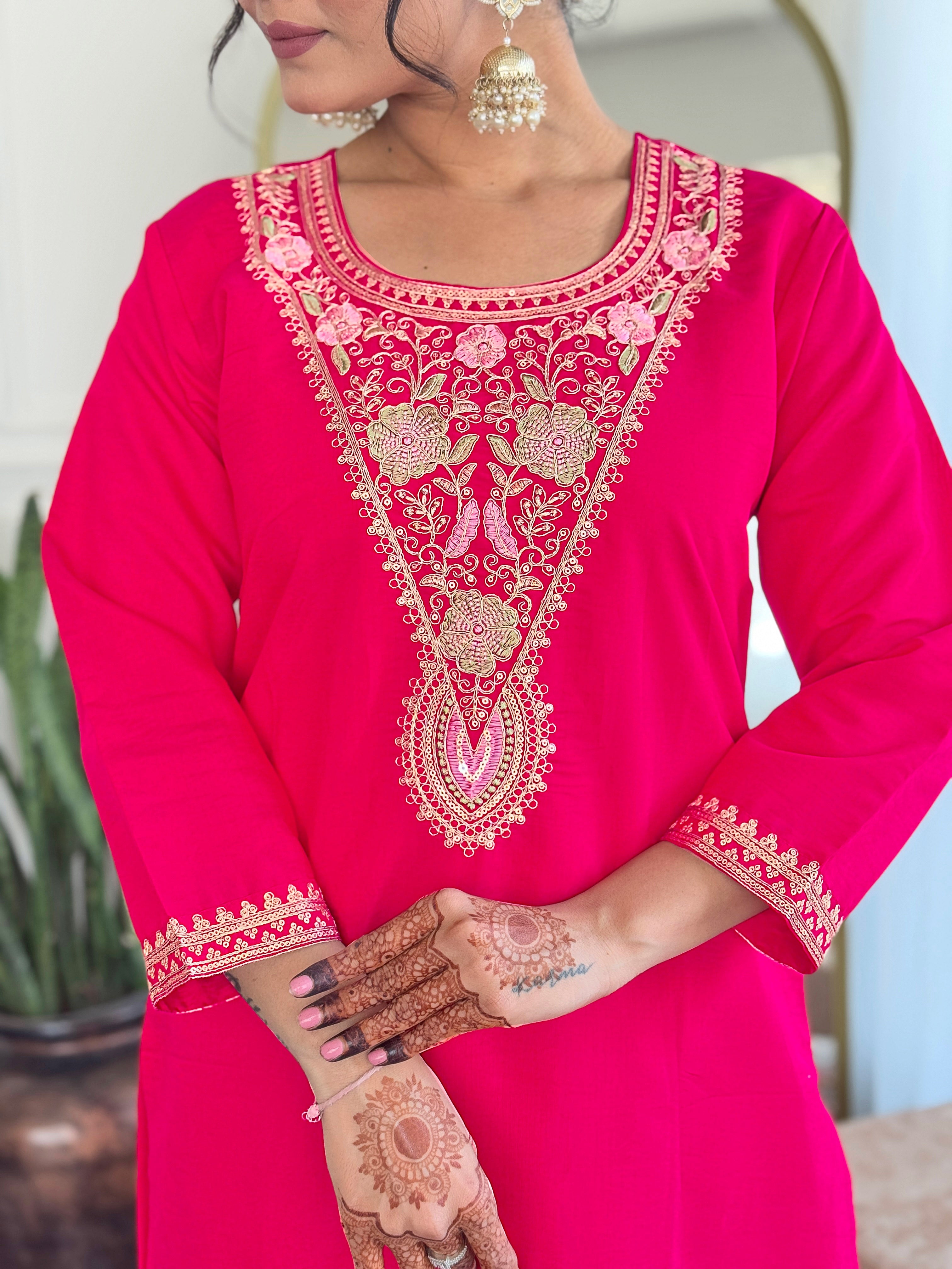 Women's Viscose Chanderi Embroidered Straight Kurta with Viscose Chanderi Pant & Linen Printed Dupatta Set