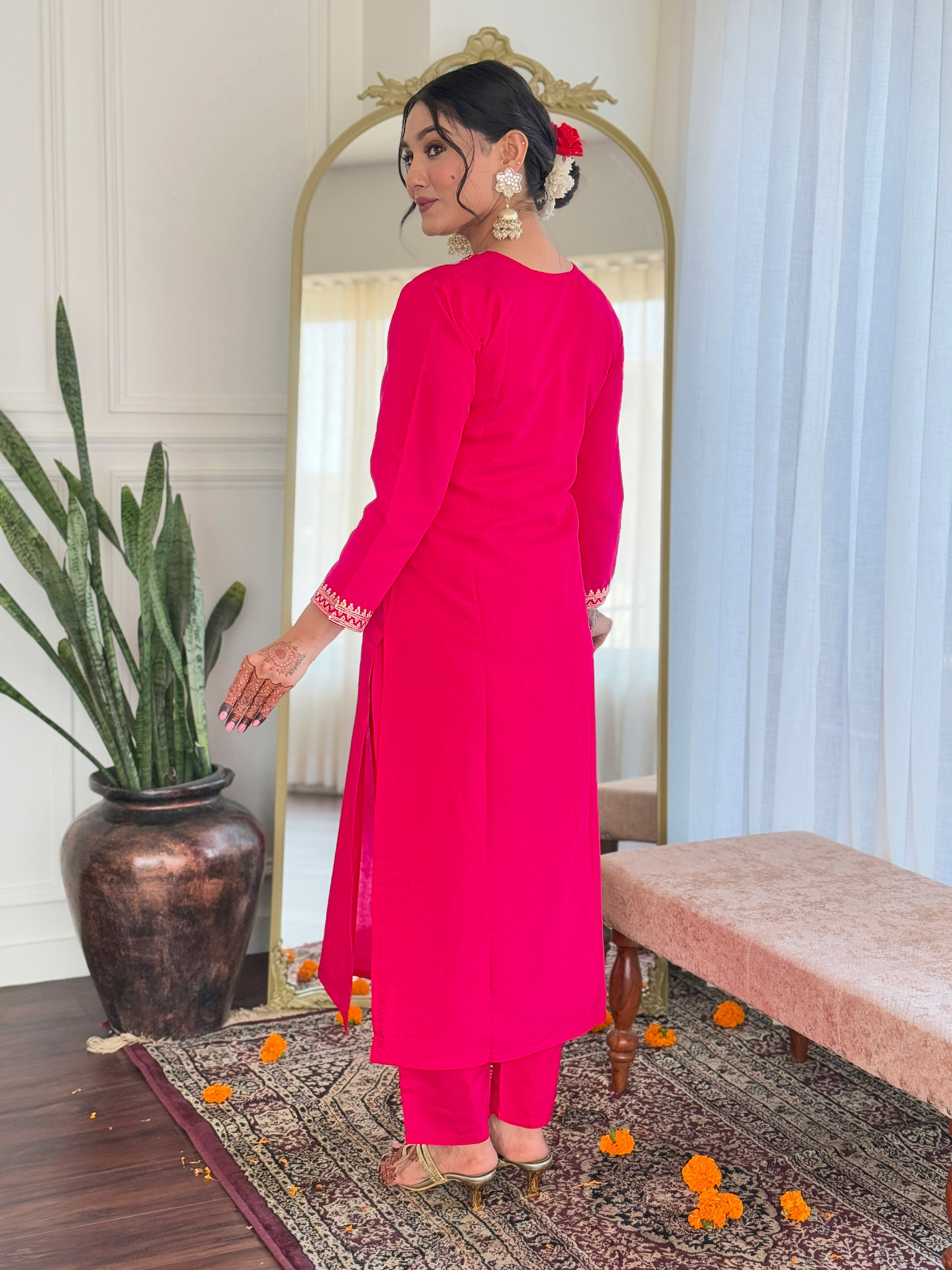 Women's Viscose Chanderi Embroidered Straight Kurta with Viscose Chanderi Pant & Linen Printed Dupatta Set