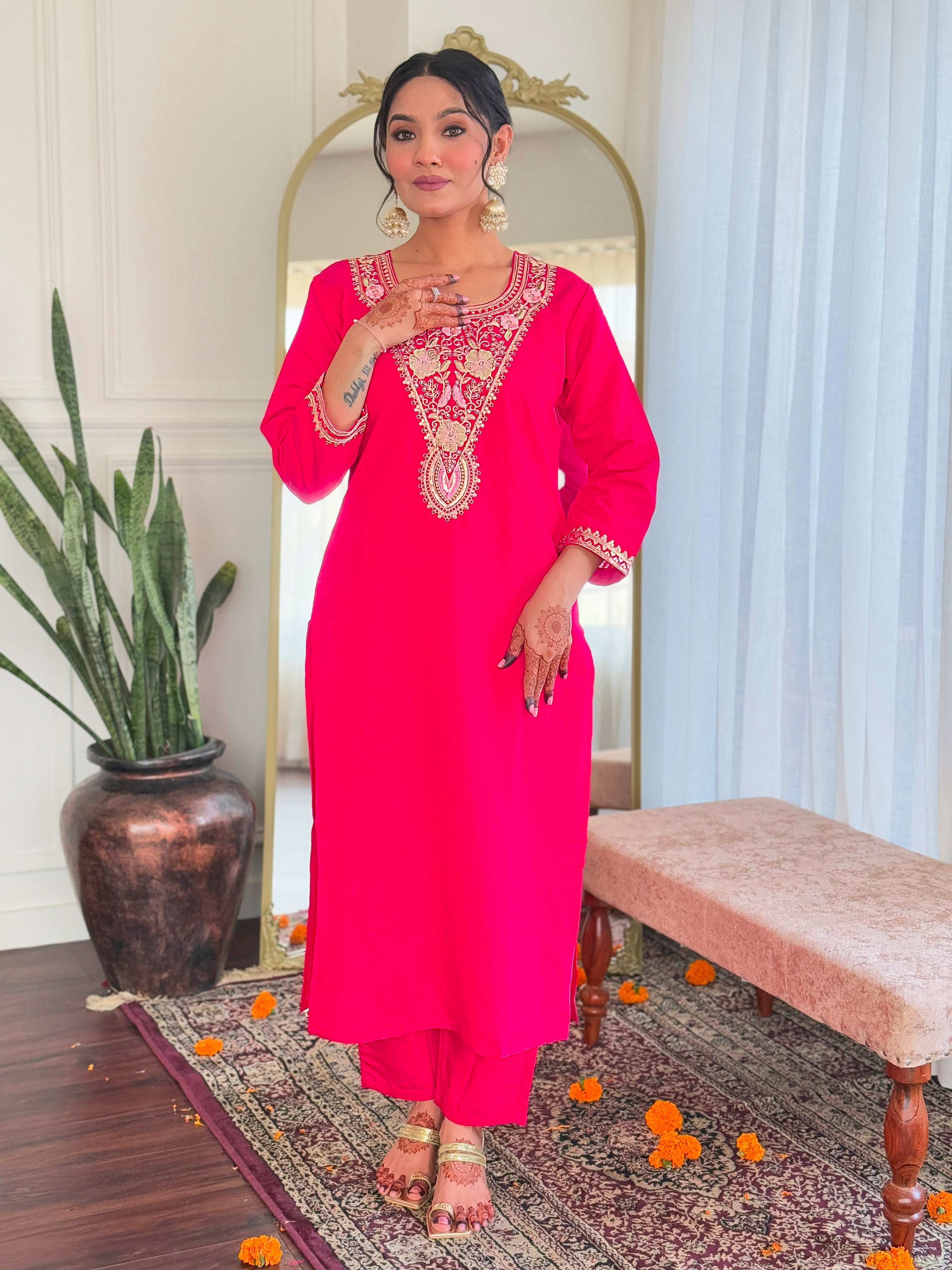 Women's Viscose Chanderi Embroidered Straight Kurta with Viscose Chanderi Pant & Linen Printed Dupatta Set