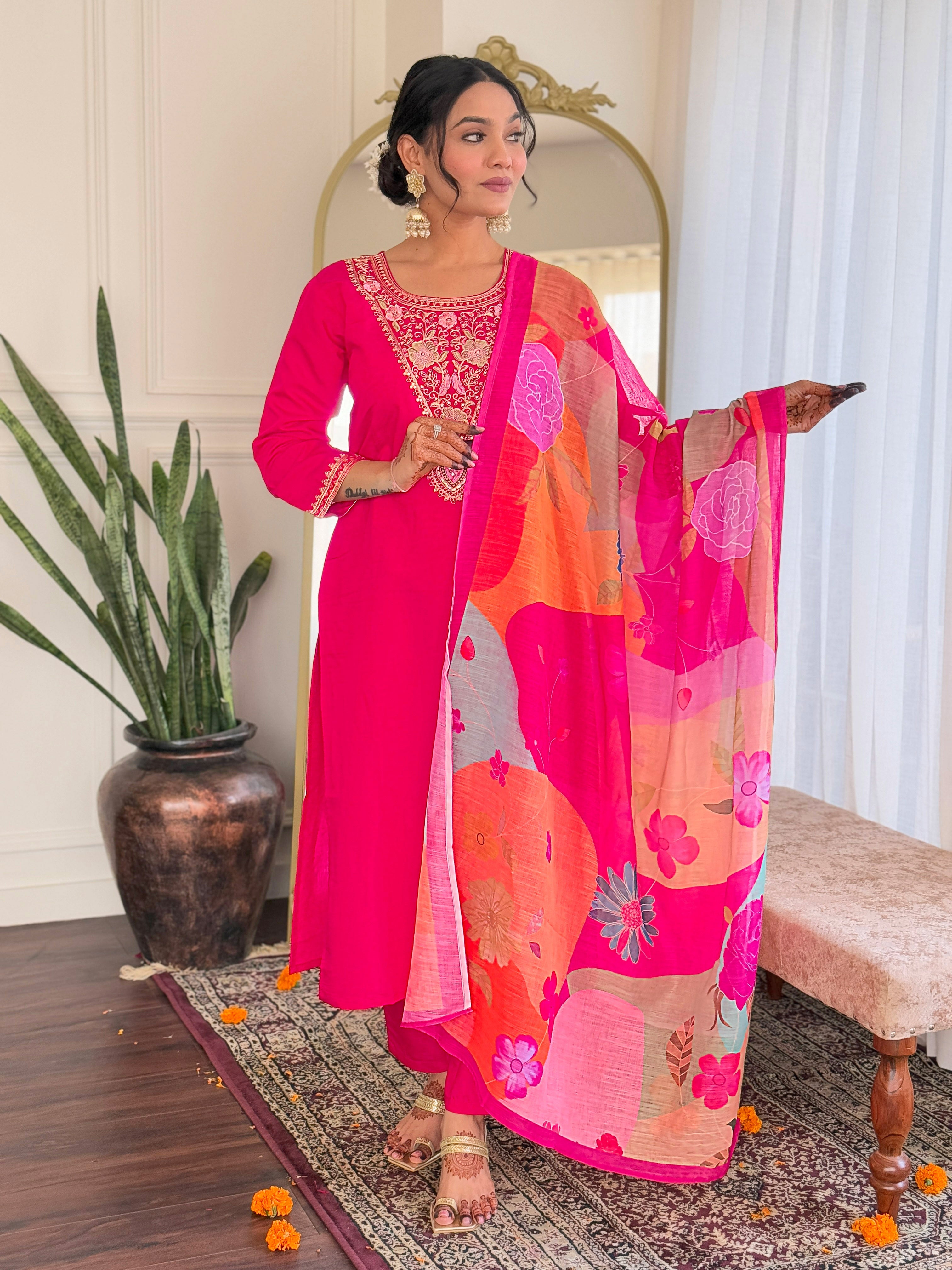 Women's Viscose Chanderi Embroidered Straight Kurta with Viscose Chanderi Pant & Linen Printed Dupatta Set
