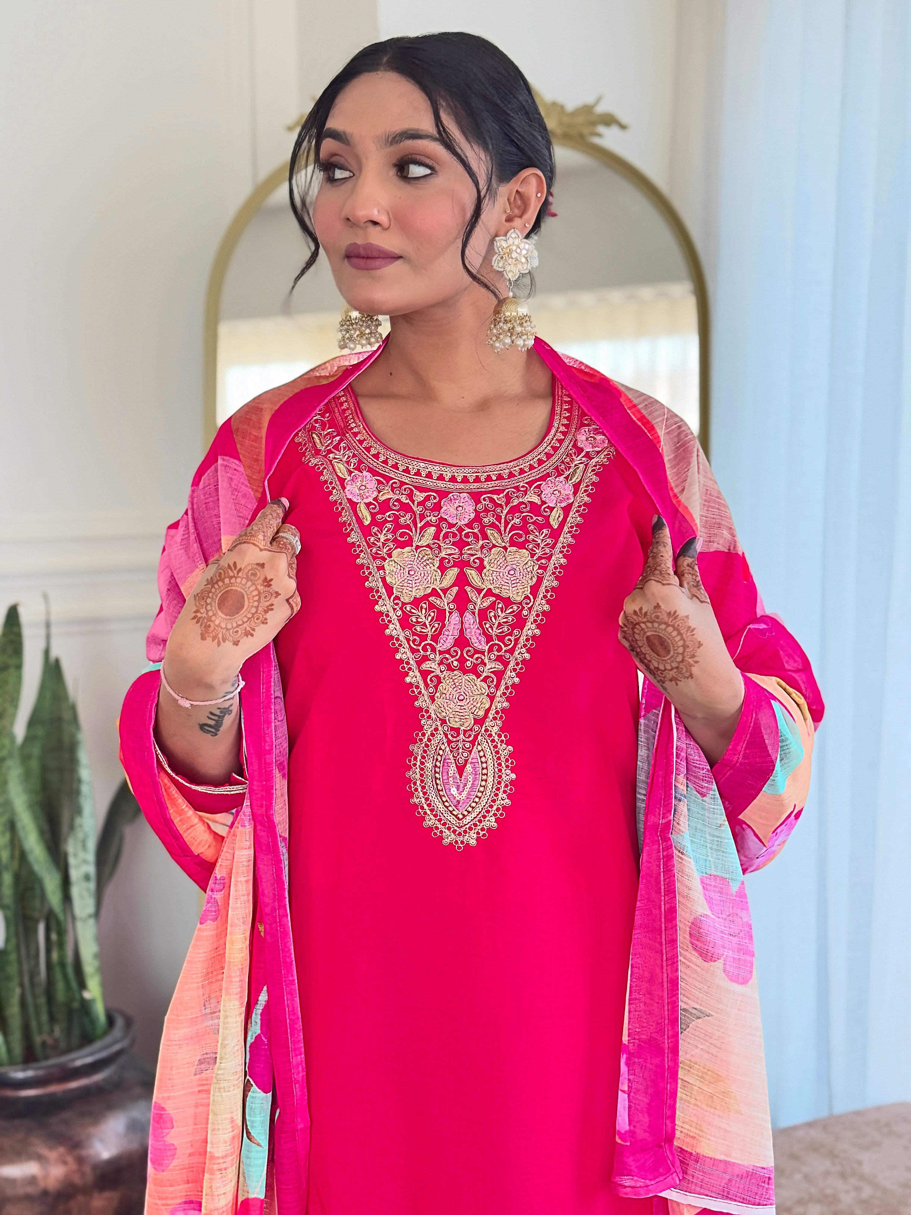 Women's Viscose Chanderi Embroidered Straight Kurta with Viscose Chanderi Pant & Linen Printed Dupatta Set