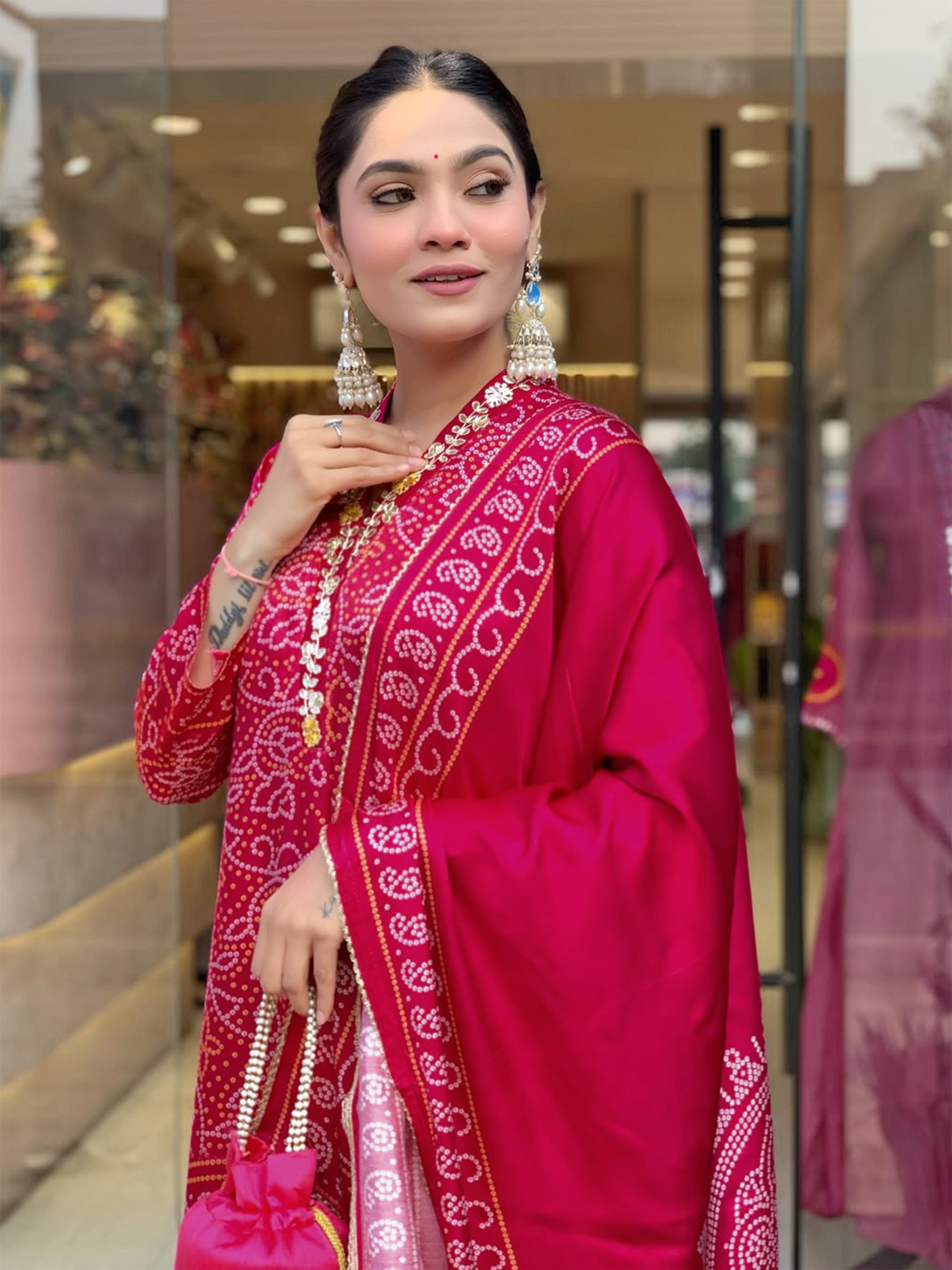 Fancy Red Color Chinon Silk Wide Digital Print Coding Work Kurta set