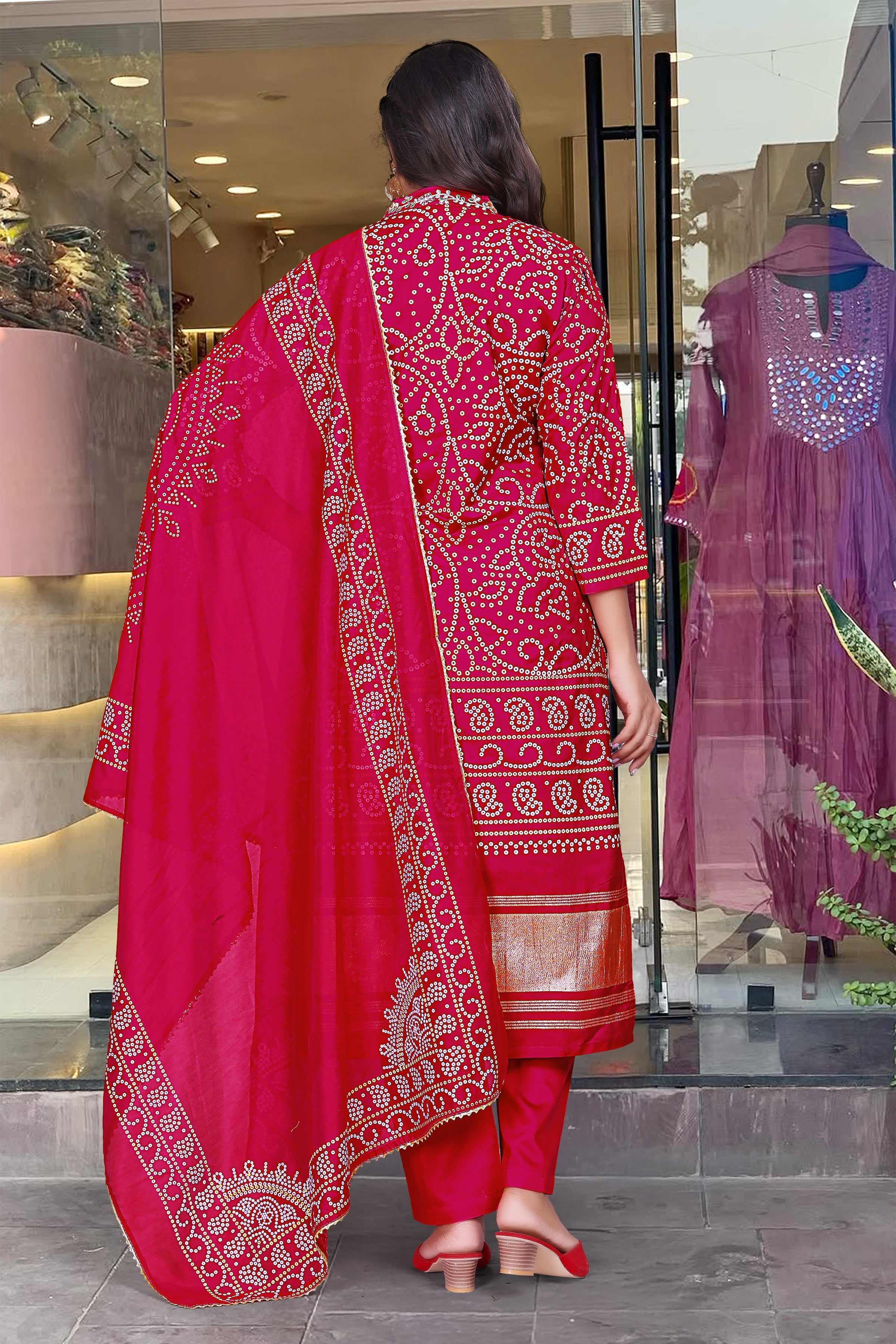 Fancy Red Color Chinon Silk Wide Digital Print Coding Work Kurta set