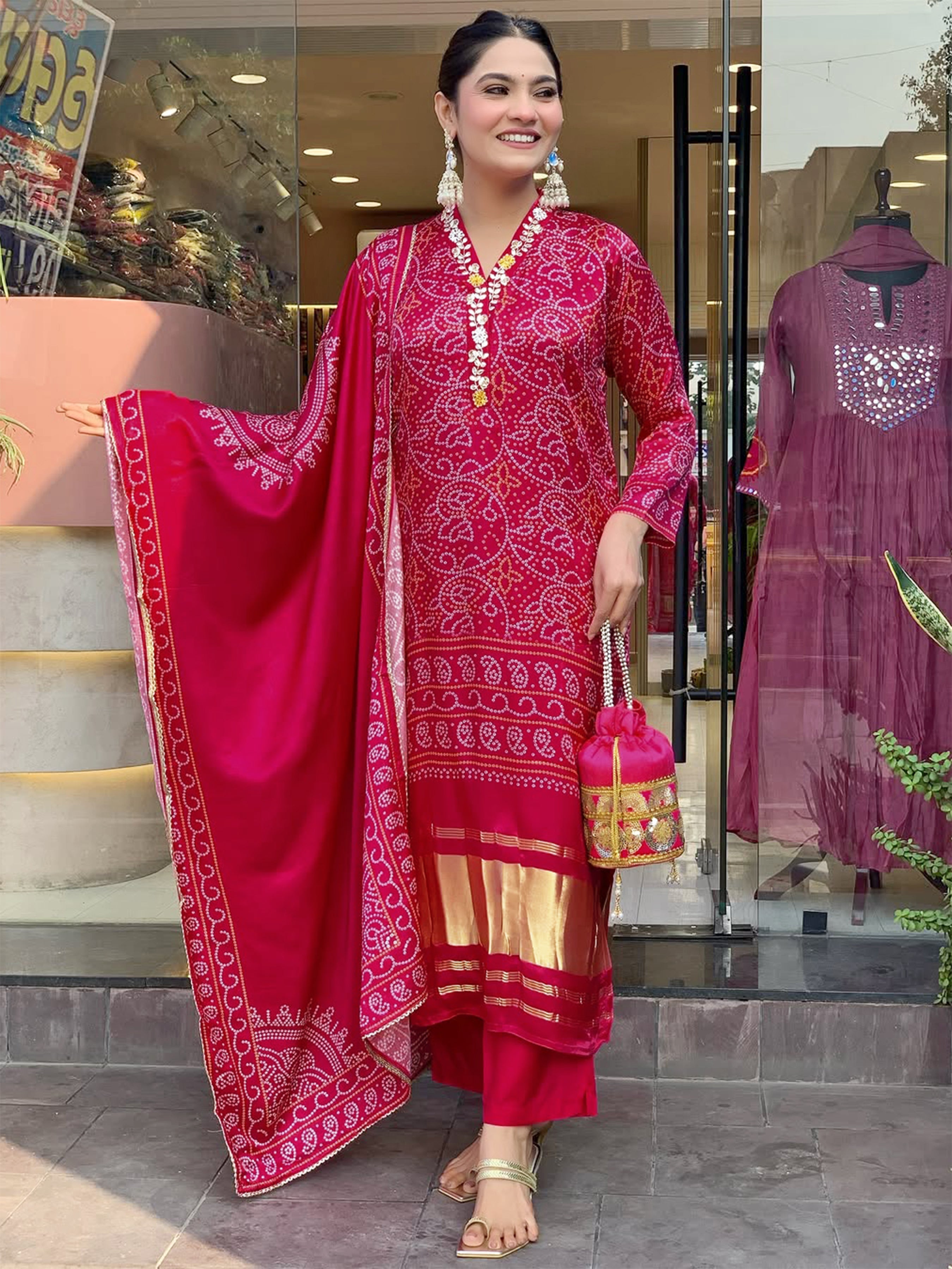 Fancy Red Color Chinon Silk Wide Digital Print Coding Work Kurta set
