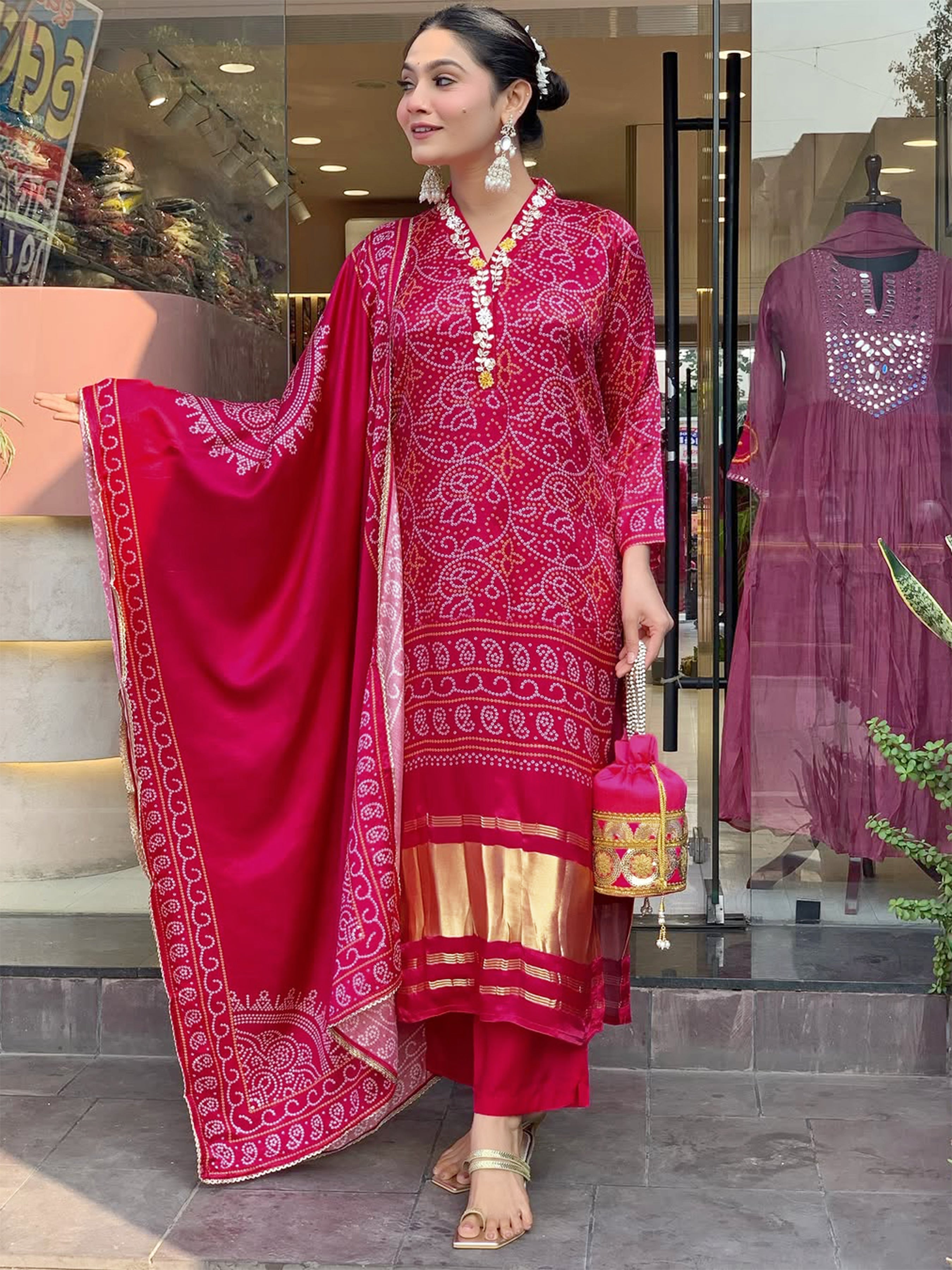 Fancy Red Color Chinon Silk Wide Digital Print Coding Work Kurta set