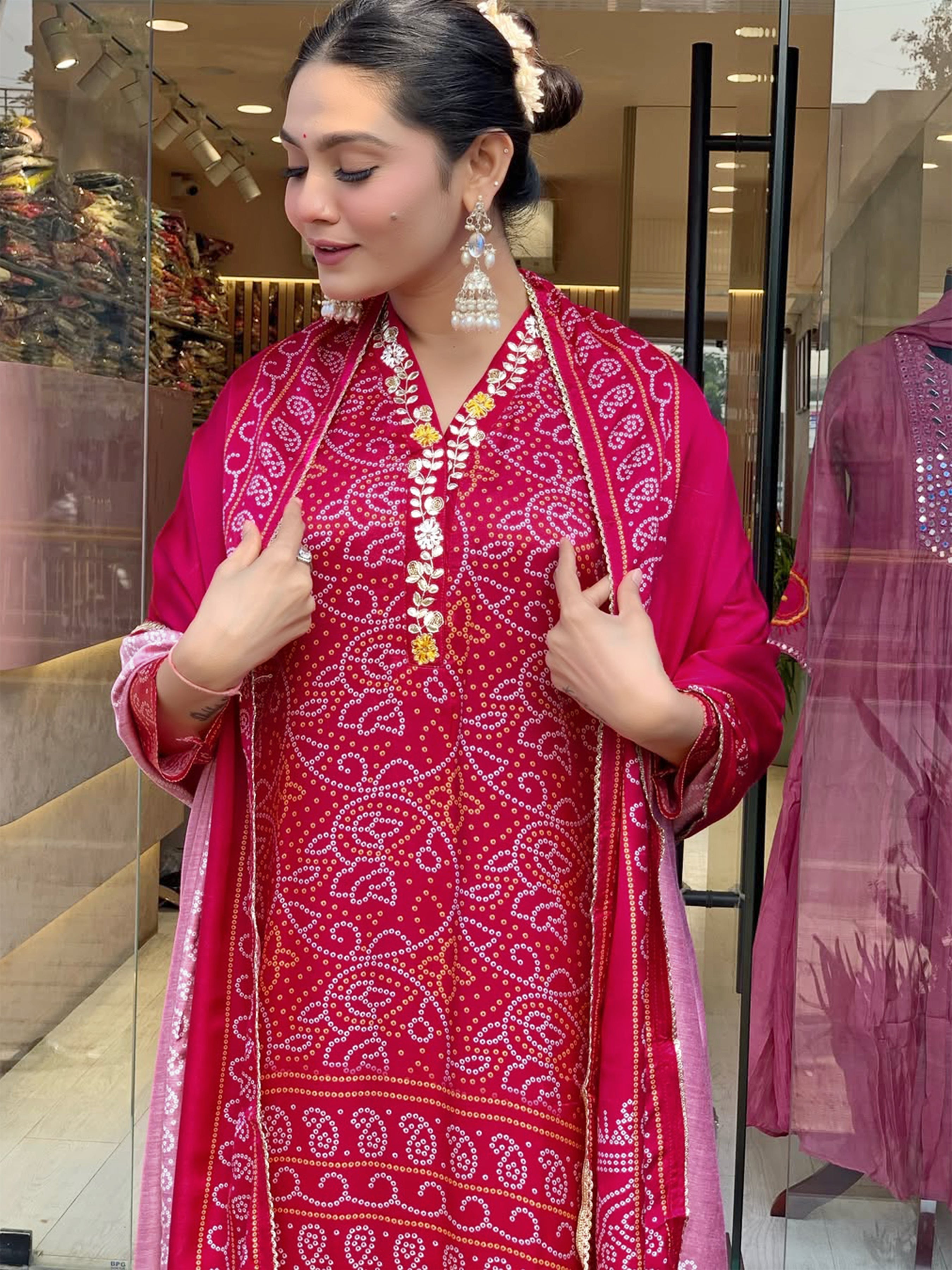 Fancy Red Color Chinon Silk Wide Digital Print Coding Work Kurta set