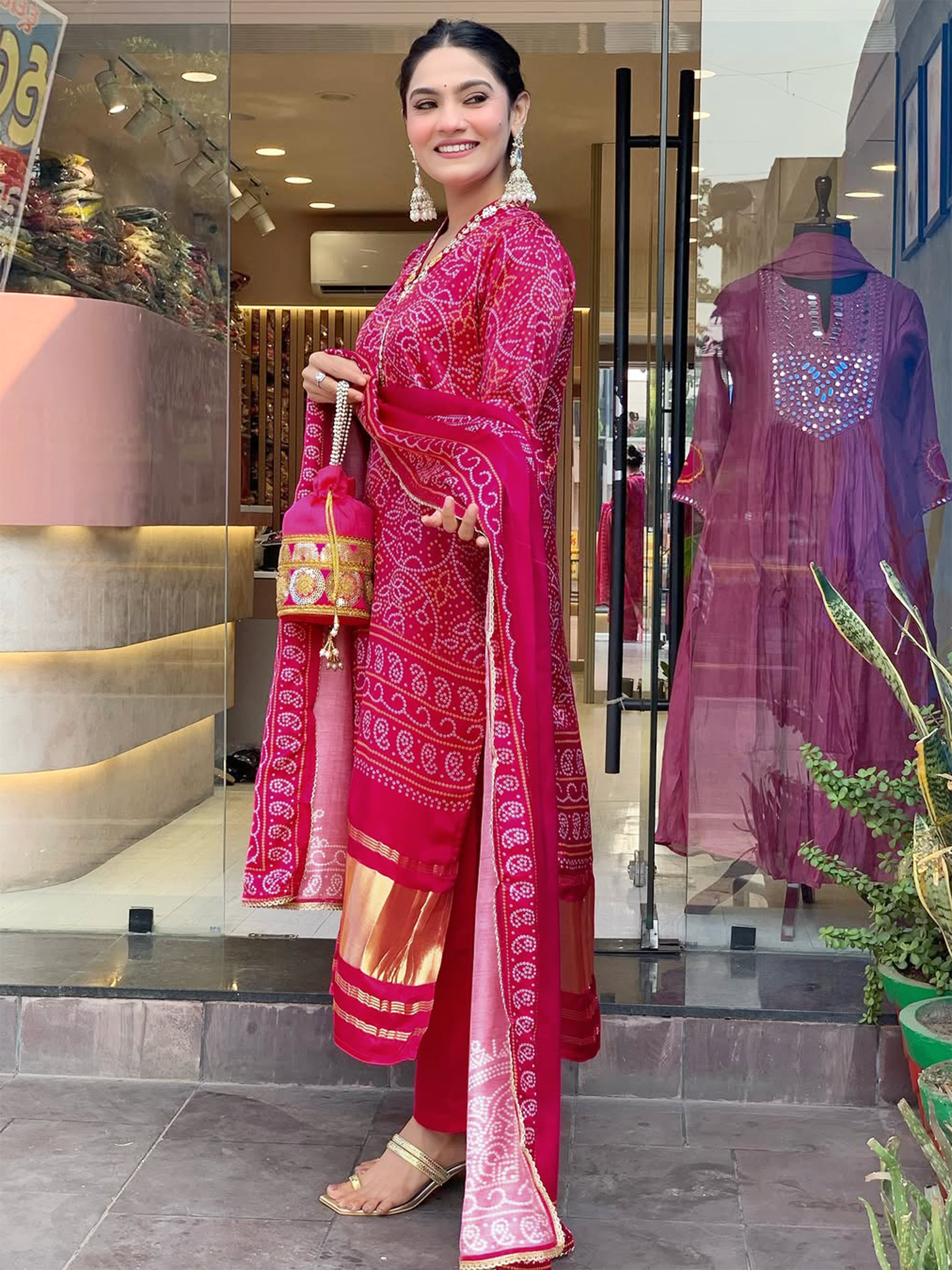 Fancy Red Color Chinon Silk Wide Digital Print Coding Work Kurta set