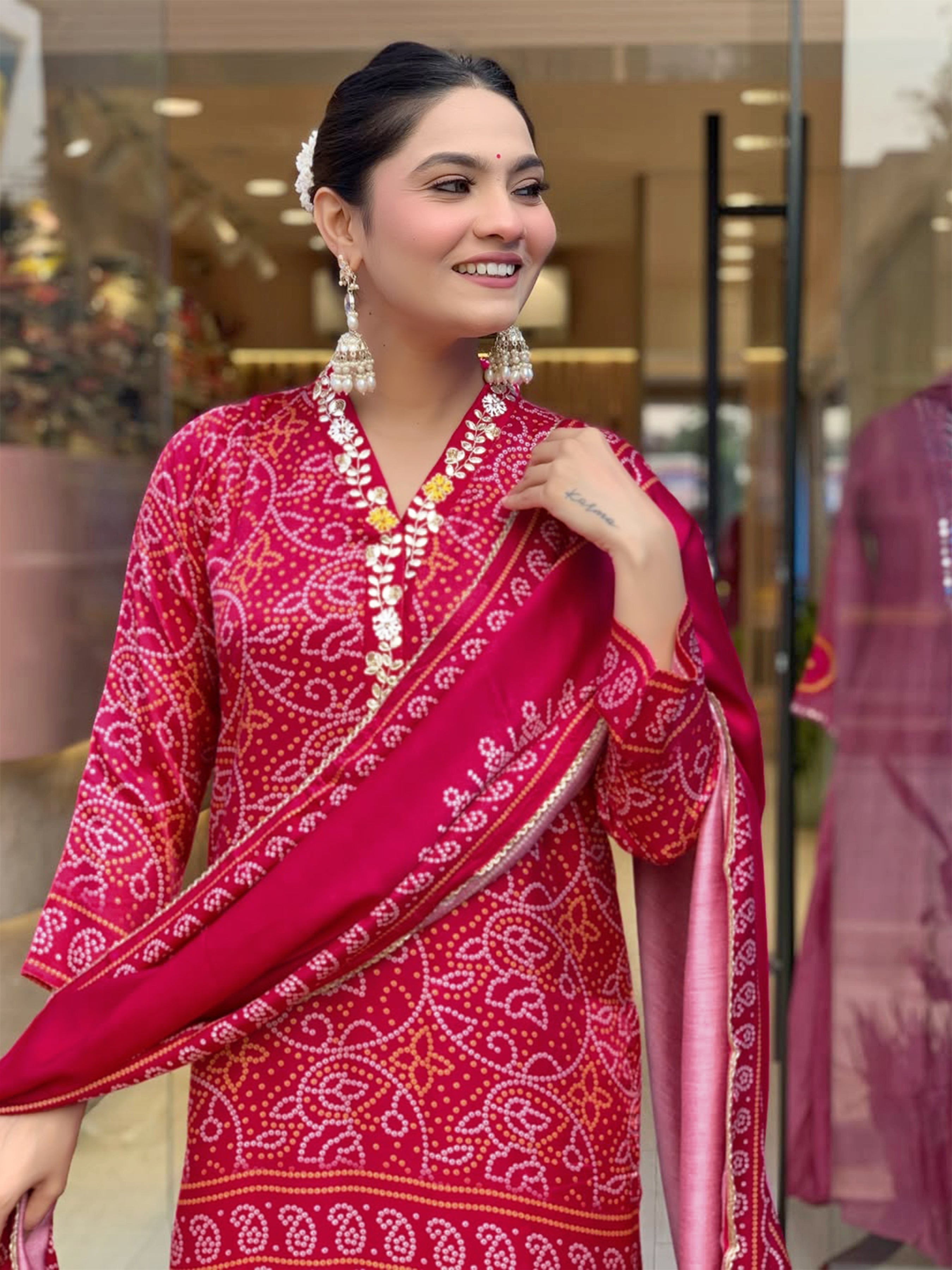 Fancy Red Color Chinon Silk Wide Digital Print Coding Work Kurta set