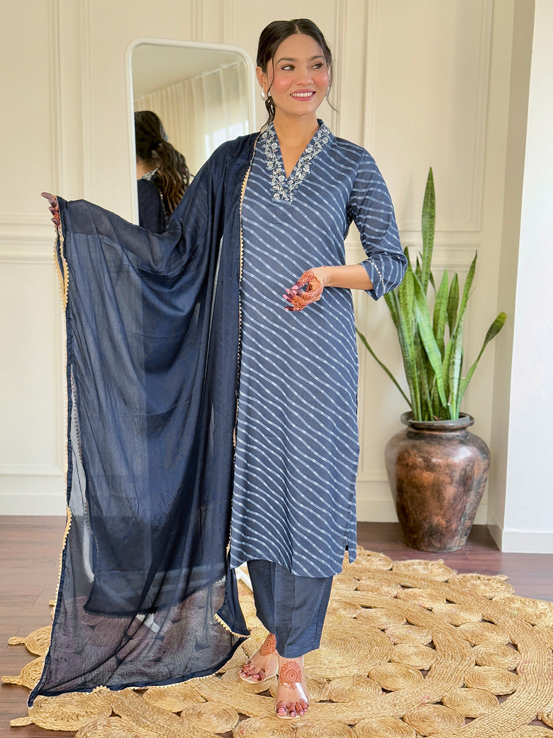 Women's Viscose Chanderi Embroidered Straight Kurta with Viscose Chanderi Pant & Viscose Chanderi Printed Dupatta Set