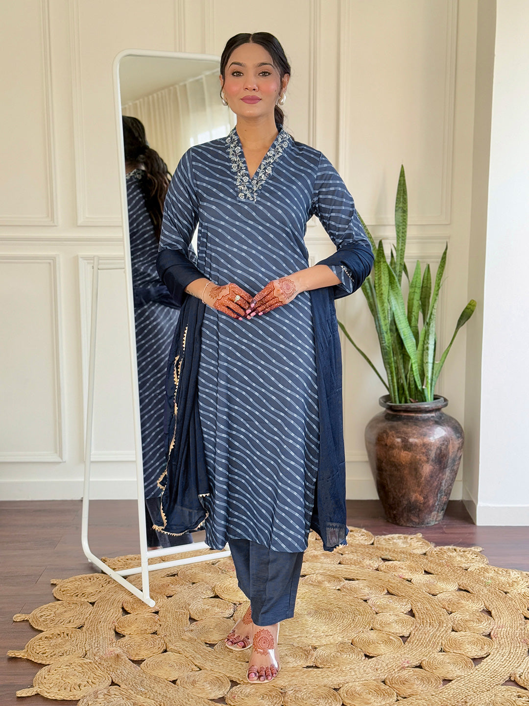 Women's Viscose Chanderi Embroidered Straight Kurta with Viscose Chanderi Pant & Viscose Chanderi Printed Dupatta Set