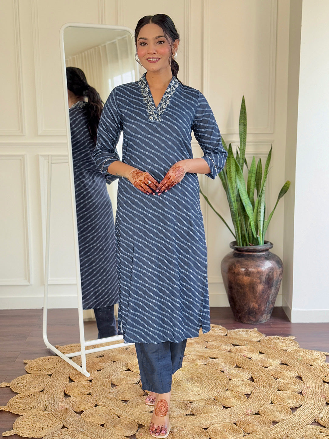 Women's Viscose Chanderi Embroidered Straight Kurta with Viscose Chanderi Pant & Viscose Chanderi Printed Dupatta Set