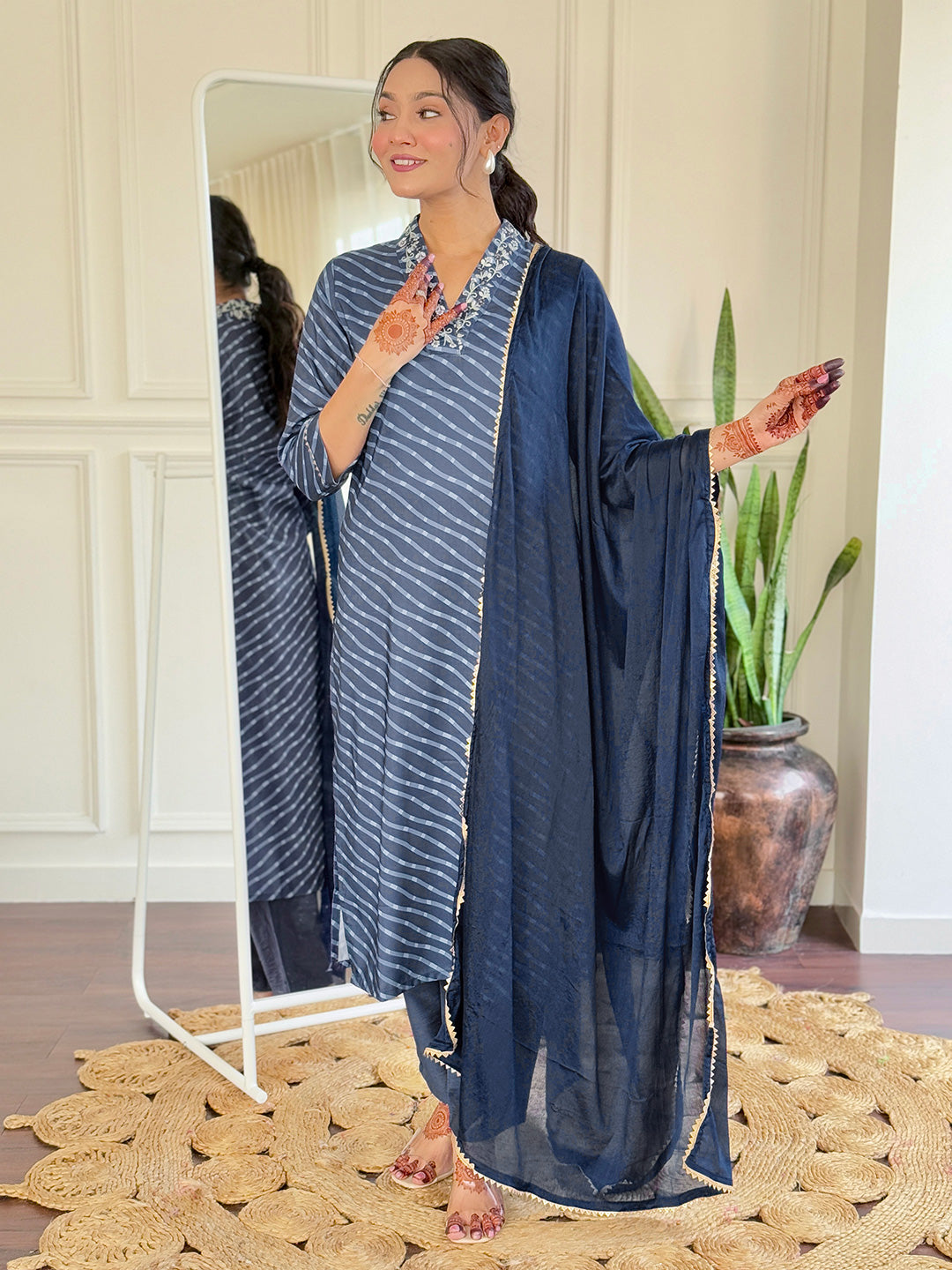 Women's Viscose Chanderi Embroidered Straight Kurta with Viscose Chanderi Pant & Viscose Chanderi Printed Dupatta Set