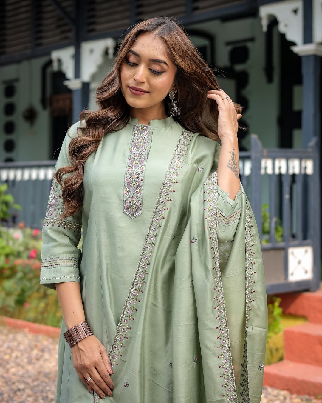 Beautiful Heavy Muslin silk kurti with Muslin comfort pant and Chanderi cotton dupatta