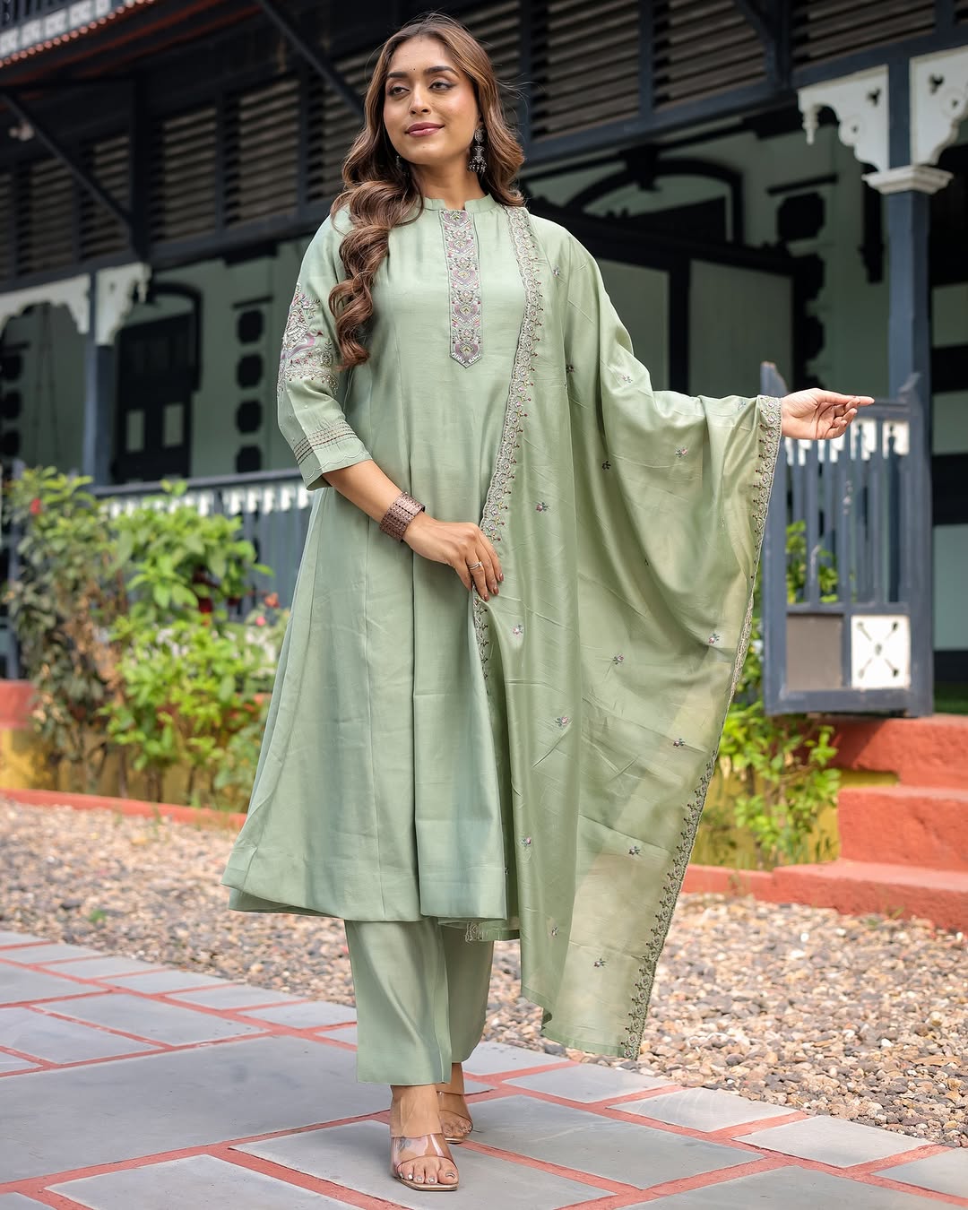 Beautiful Heavy Muslin silk kurti with Muslin comfort pant and Chanderi cotton dupatta