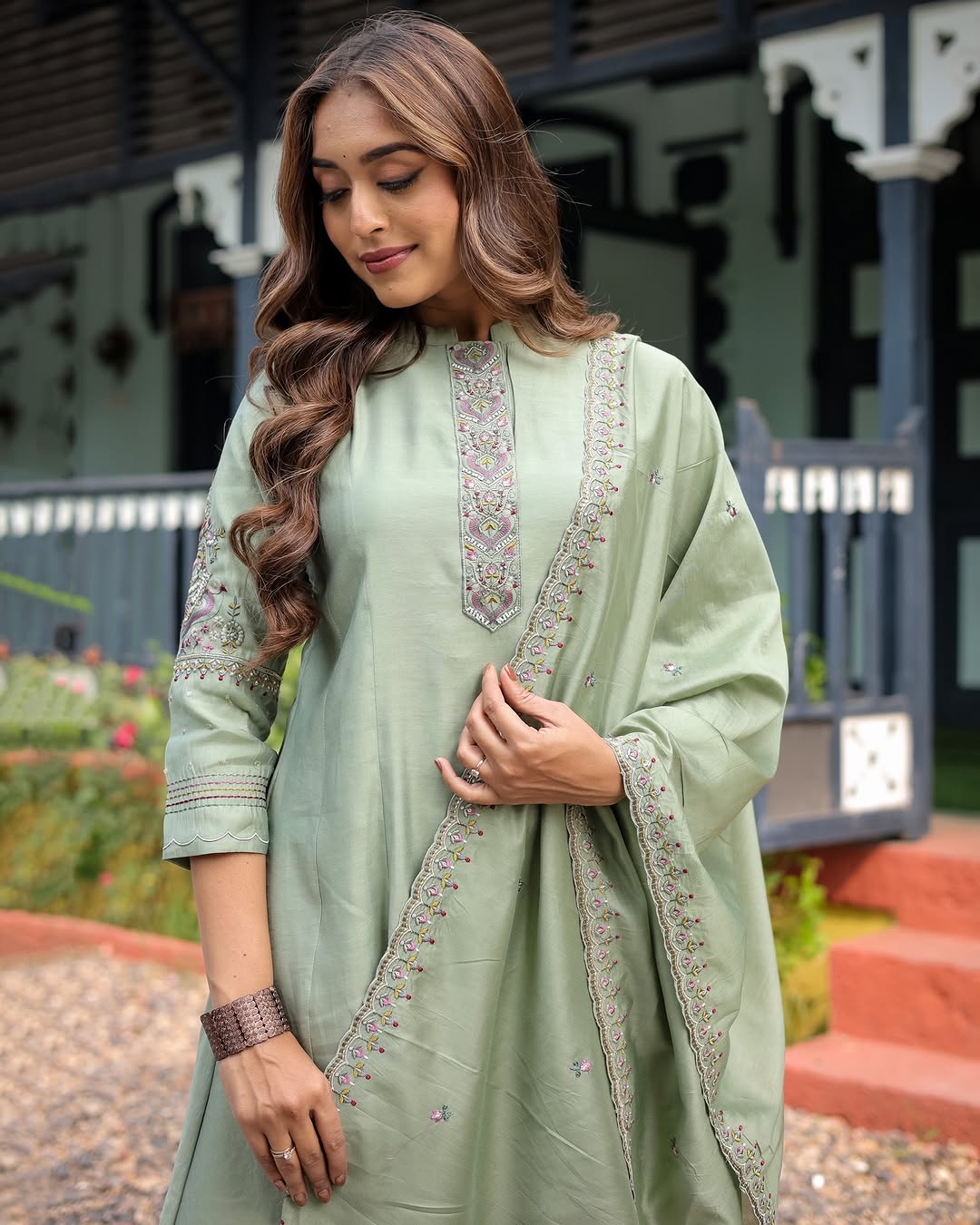 Beautiful Heavy Muslin silk kurti with Muslin comfort pant and Chanderi cotton dupatta