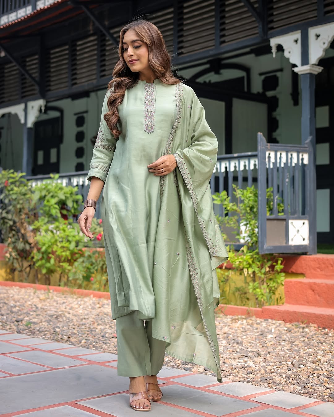 Beautiful Heavy Muslin silk kurti with Muslin comfort pant and Chanderi cotton dupatta