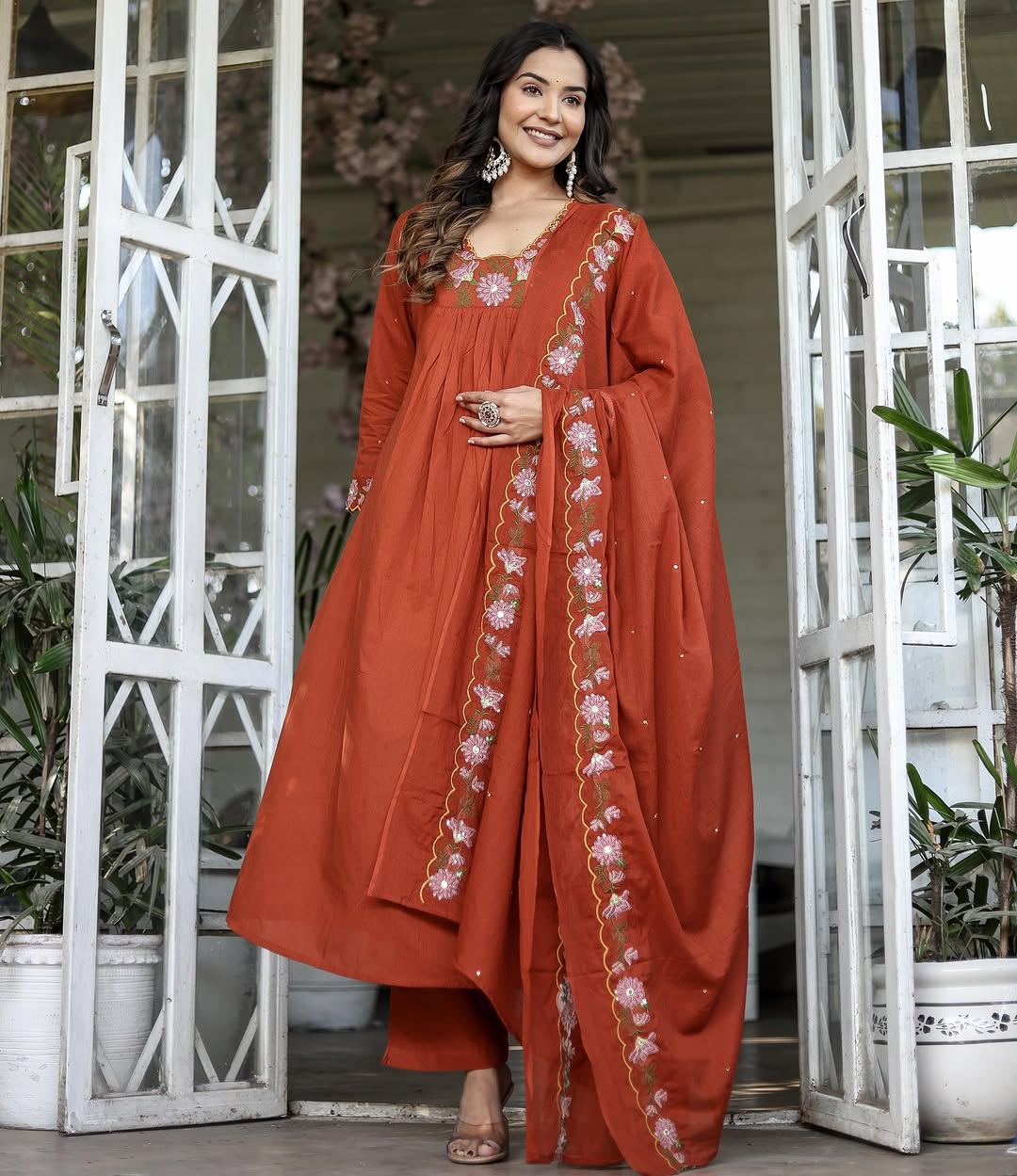 Women Soft Rayon Slub Embroidered Kurta With Pant & Dupatta
