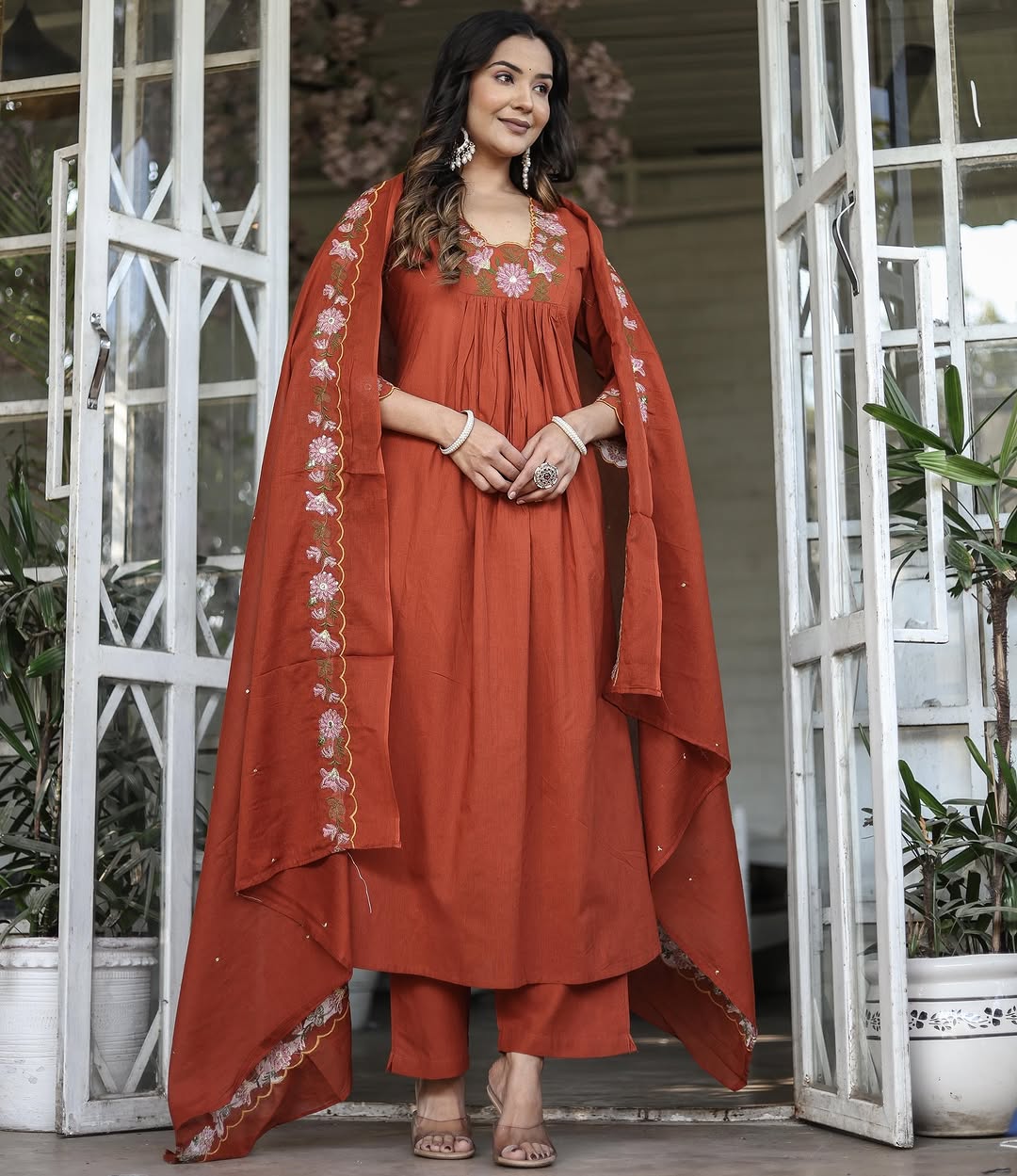 Women Soft Rayon Slub Embroidered Kurta With Pant & Dupatta