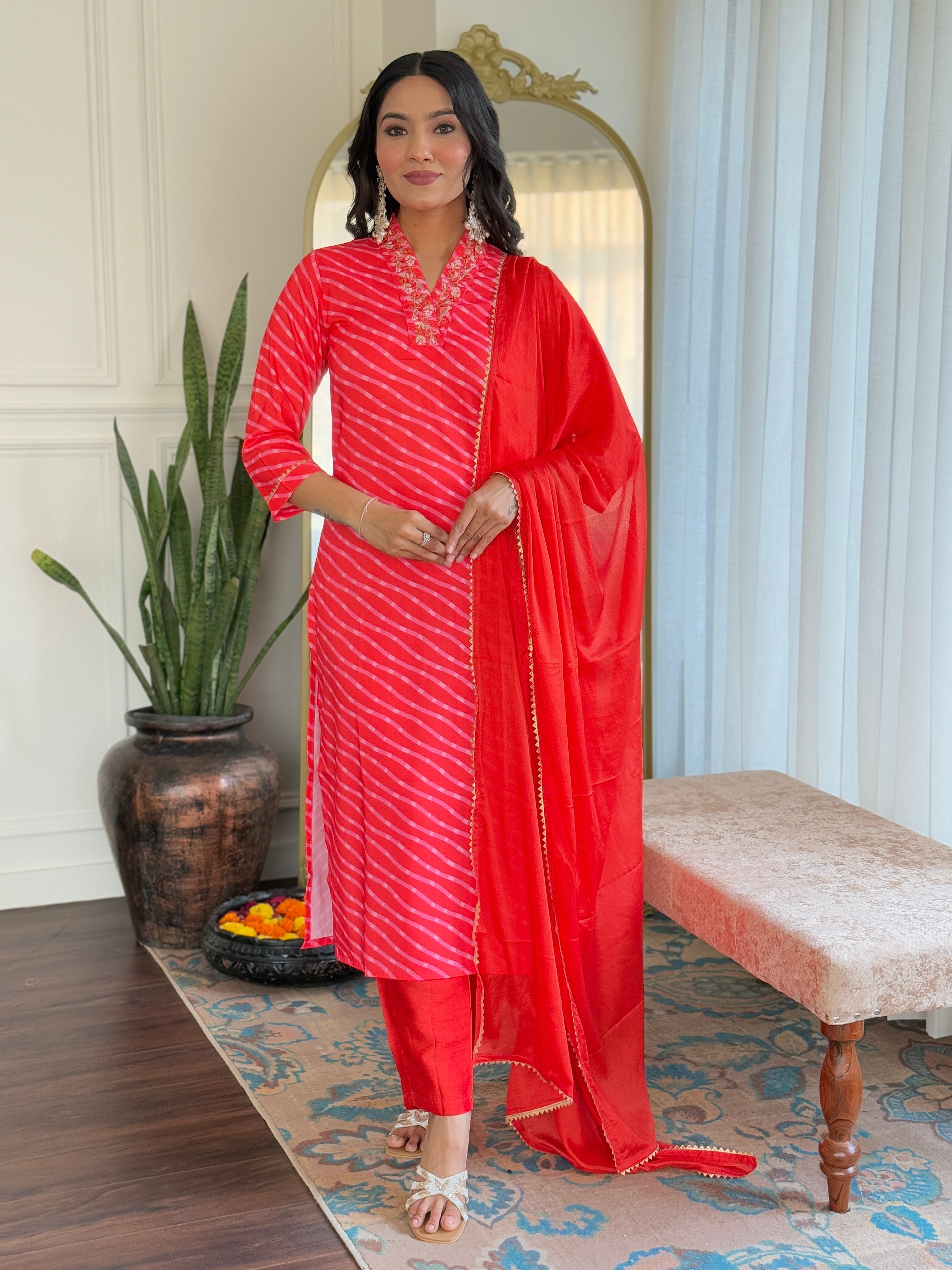 Women's Viscose Chanderi Embroidered Straight Kurta with Viscose Chanderi Pant & Viscose Chanderi Printed Dupatta Set