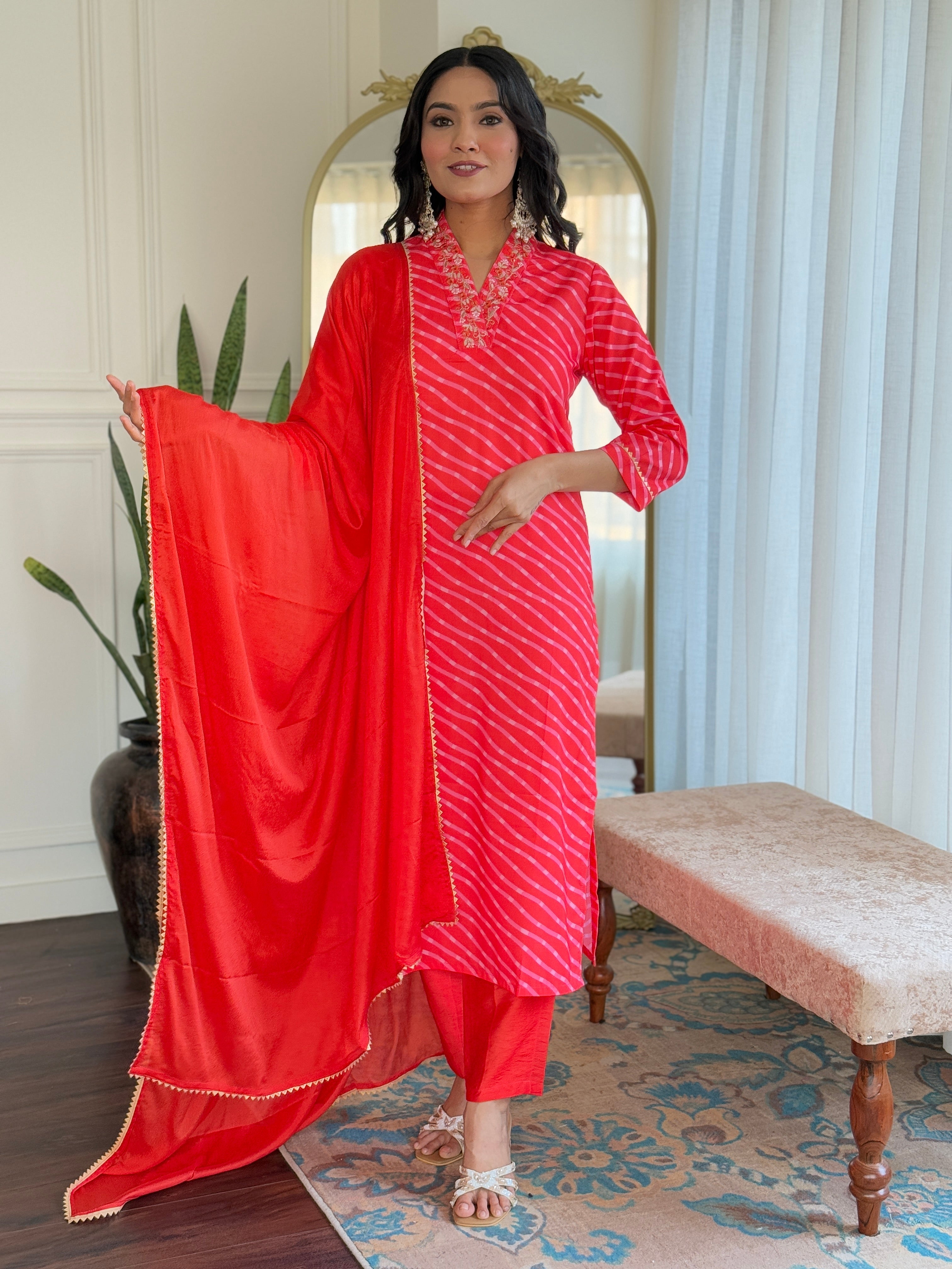 Women's Viscose Chanderi Embroidered Straight Kurta with Viscose Chanderi Pant & Viscose Chanderi Printed Dupatta Set