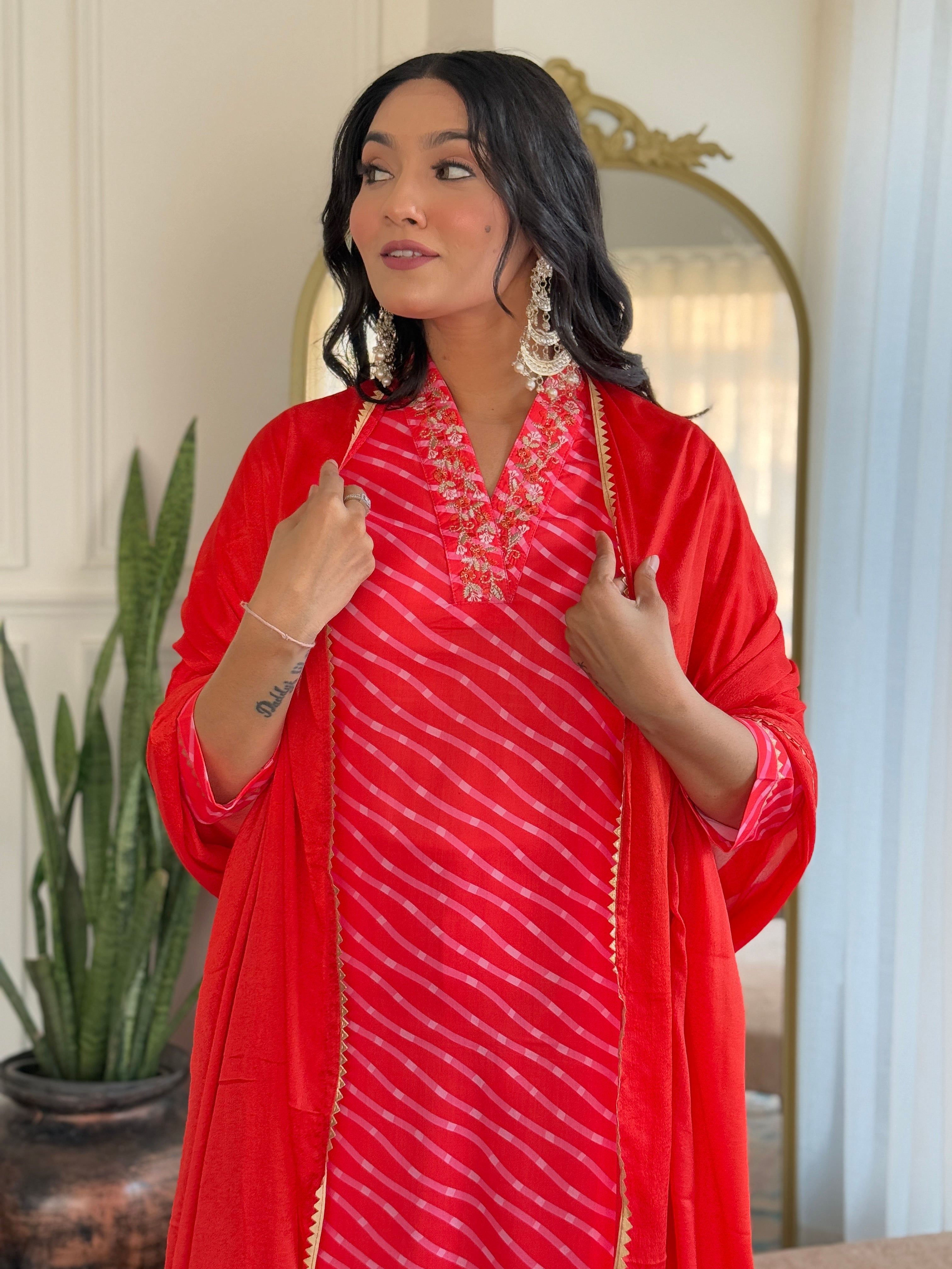 Women's Viscose Chanderi Embroidered Straight Kurta with Viscose Chanderi Pant & Viscose Chanderi Printed Dupatta Set