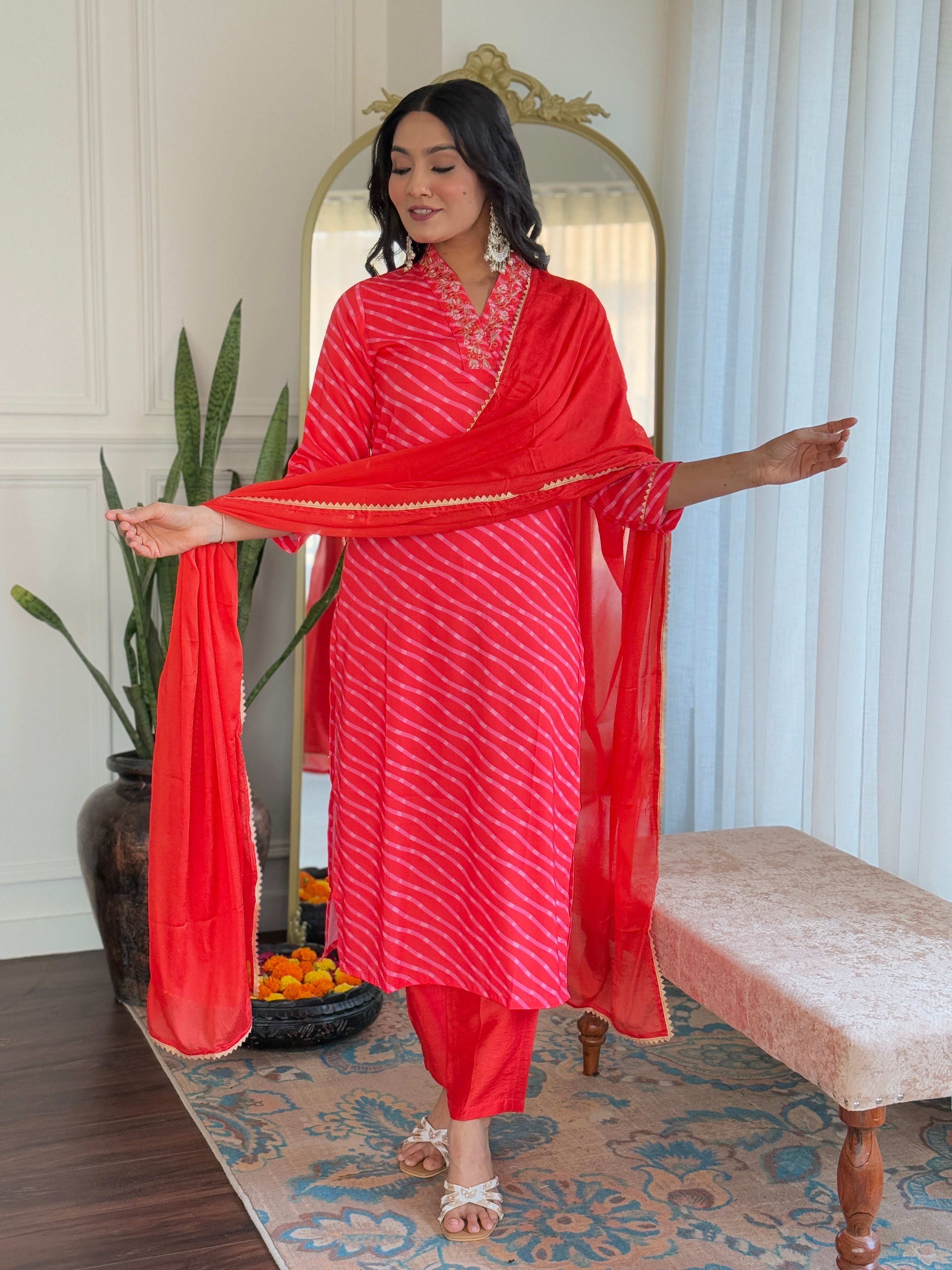 Women's Viscose Chanderi Embroidered Straight Kurta with Viscose Chanderi Pant & Viscose Chanderi Printed Dupatta Set