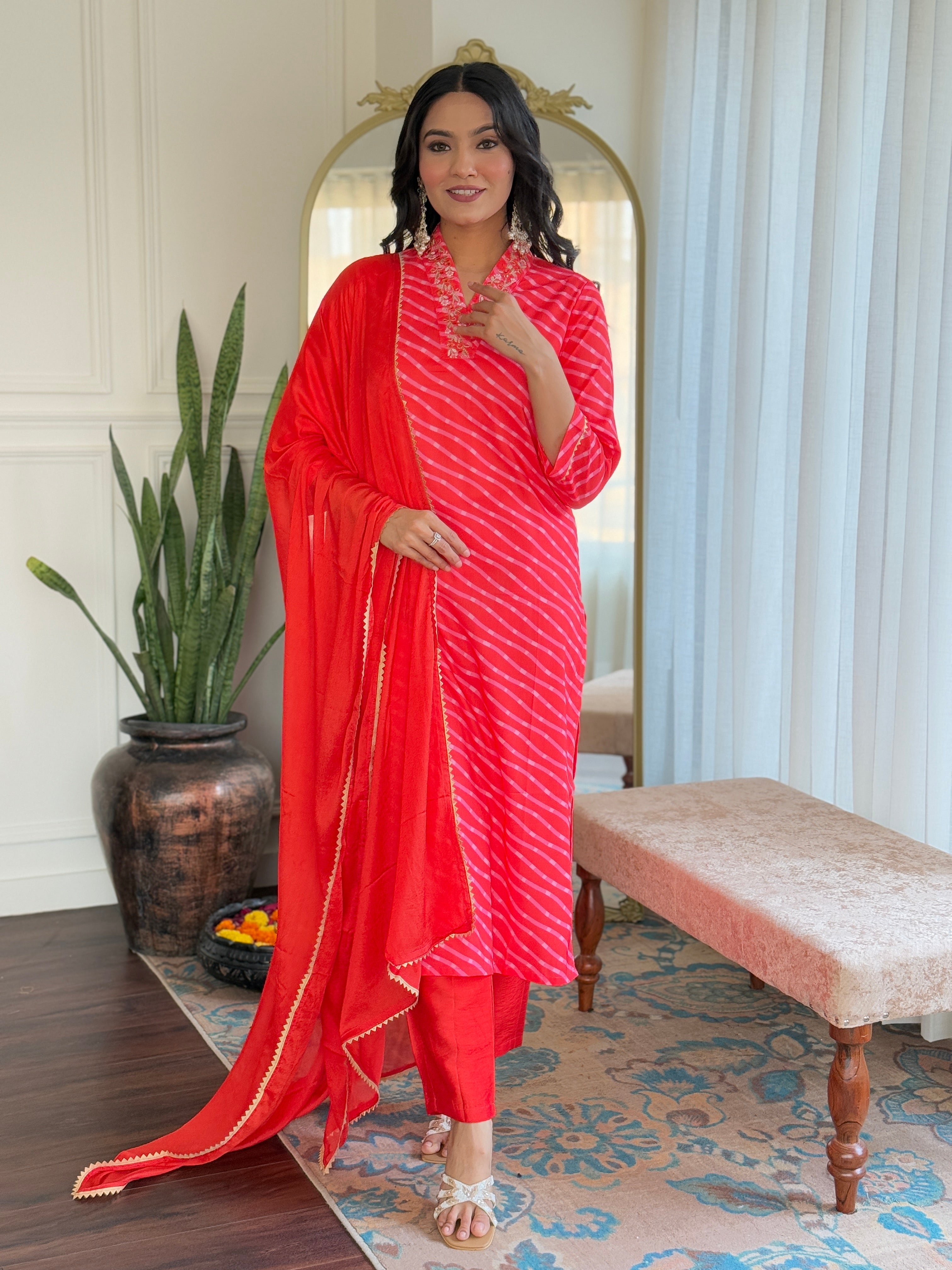 Women's Viscose Chanderi Embroidered Straight Kurta with Viscose Chanderi Pant & Viscose Chanderi Printed Dupatta Set