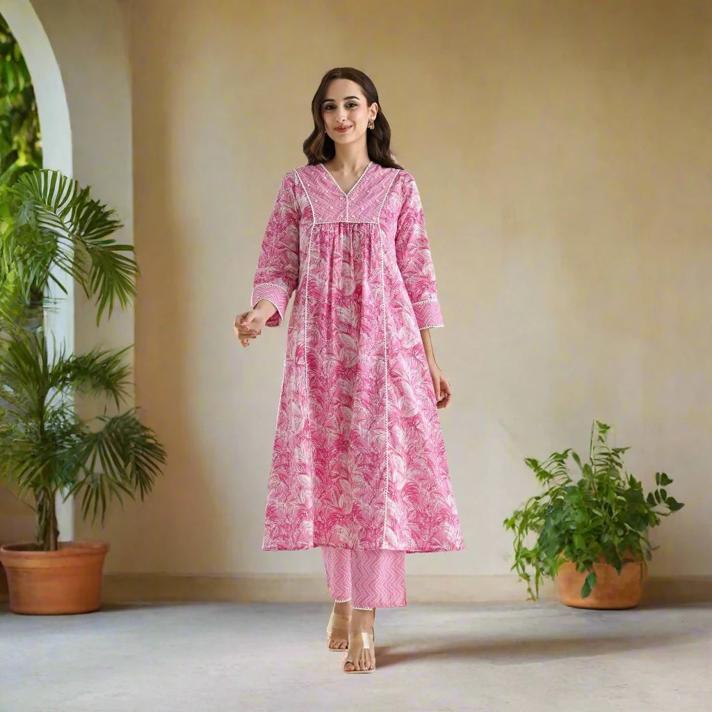 Women's Floral Regular 3/4 Sleeve Solid Black Color Kurti Pant Set, Cotton Blend, Knee Length, Stylish Ethnic Outfit