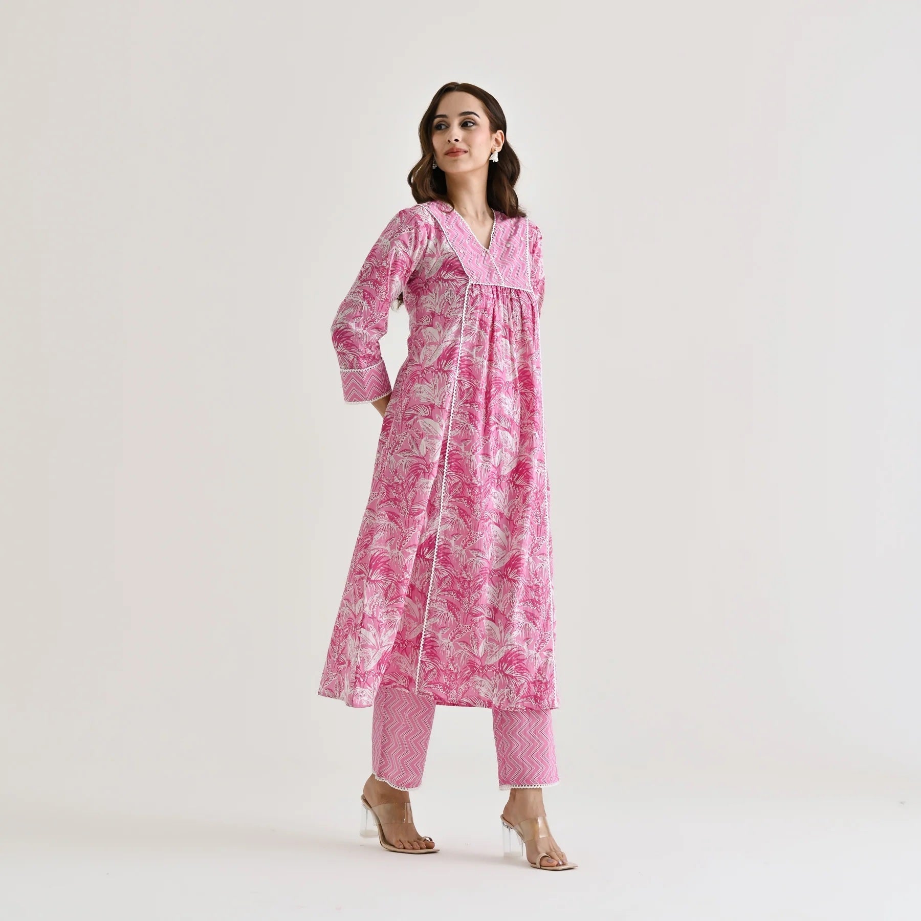 Women's Floral Regular 3/4 Sleeve Solid Black Color Kurti Pant Set, Cotton Blend, Knee Length, Stylish Ethnic Outfit