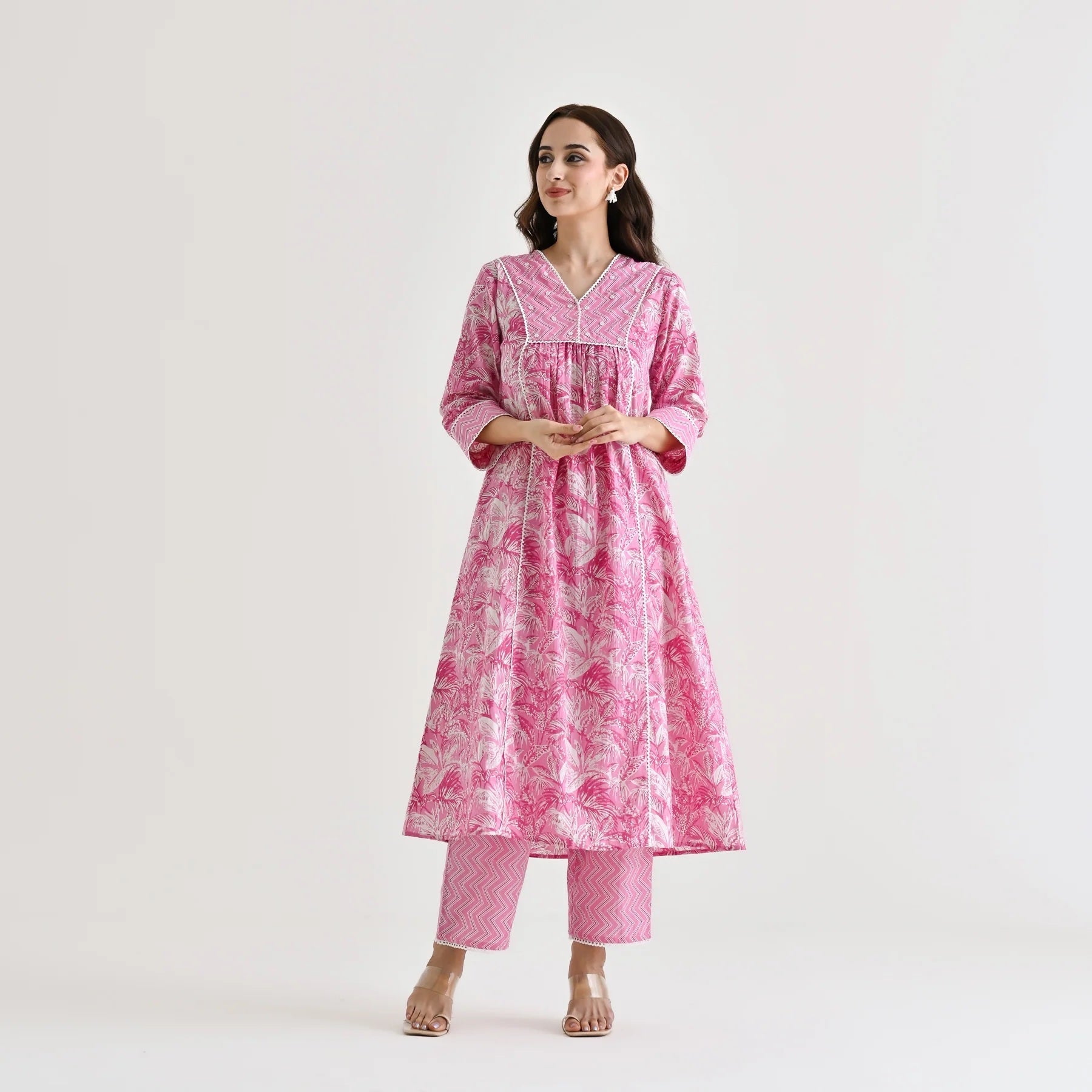 Women's Floral Regular 3/4 Sleeve Solid Black Color Kurti Pant Set, Cotton Blend, Knee Length, Stylish Ethnic Outfit