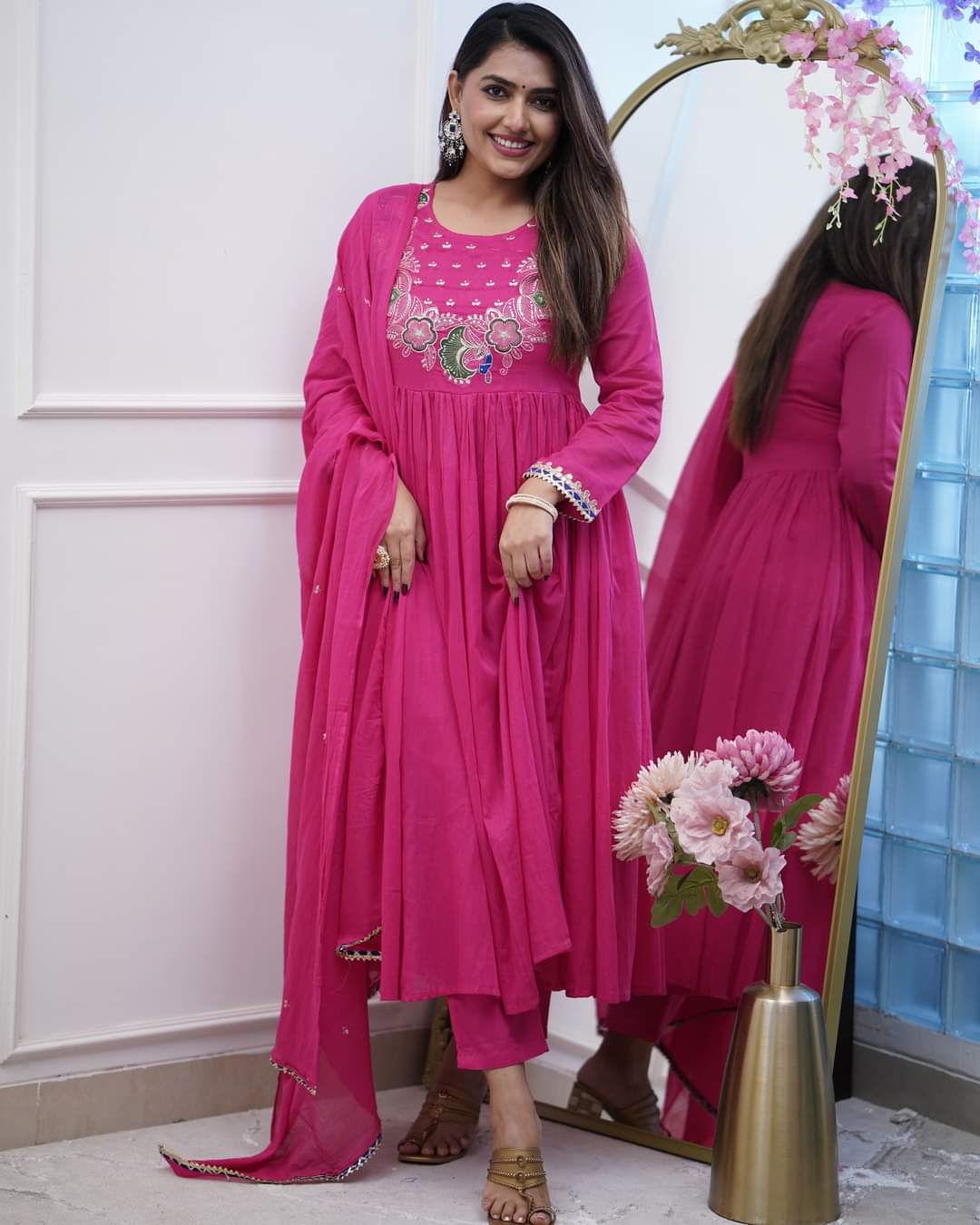 Stylish Womens Chinnon Embroidered Work with Anarkali Kurti Pant and Embroidered with Lace Work Two Side Dupatta Set