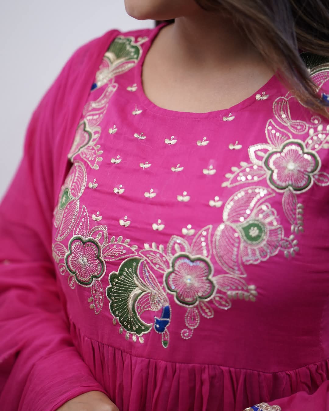 Stylish Womens Chinnon Embroidered Work with Anarkali Kurti Pant and Embroidered with Lace Work Two Side Dupatta Set