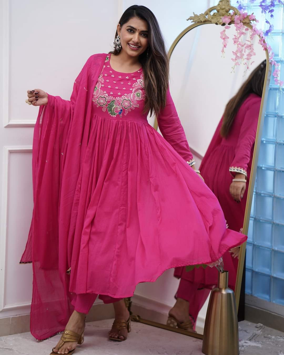 Stylish Womens Chinnon Embroidered Work with Anarkali Kurti Pant and Embroidered with Lace Work Two Side Dupatta Set