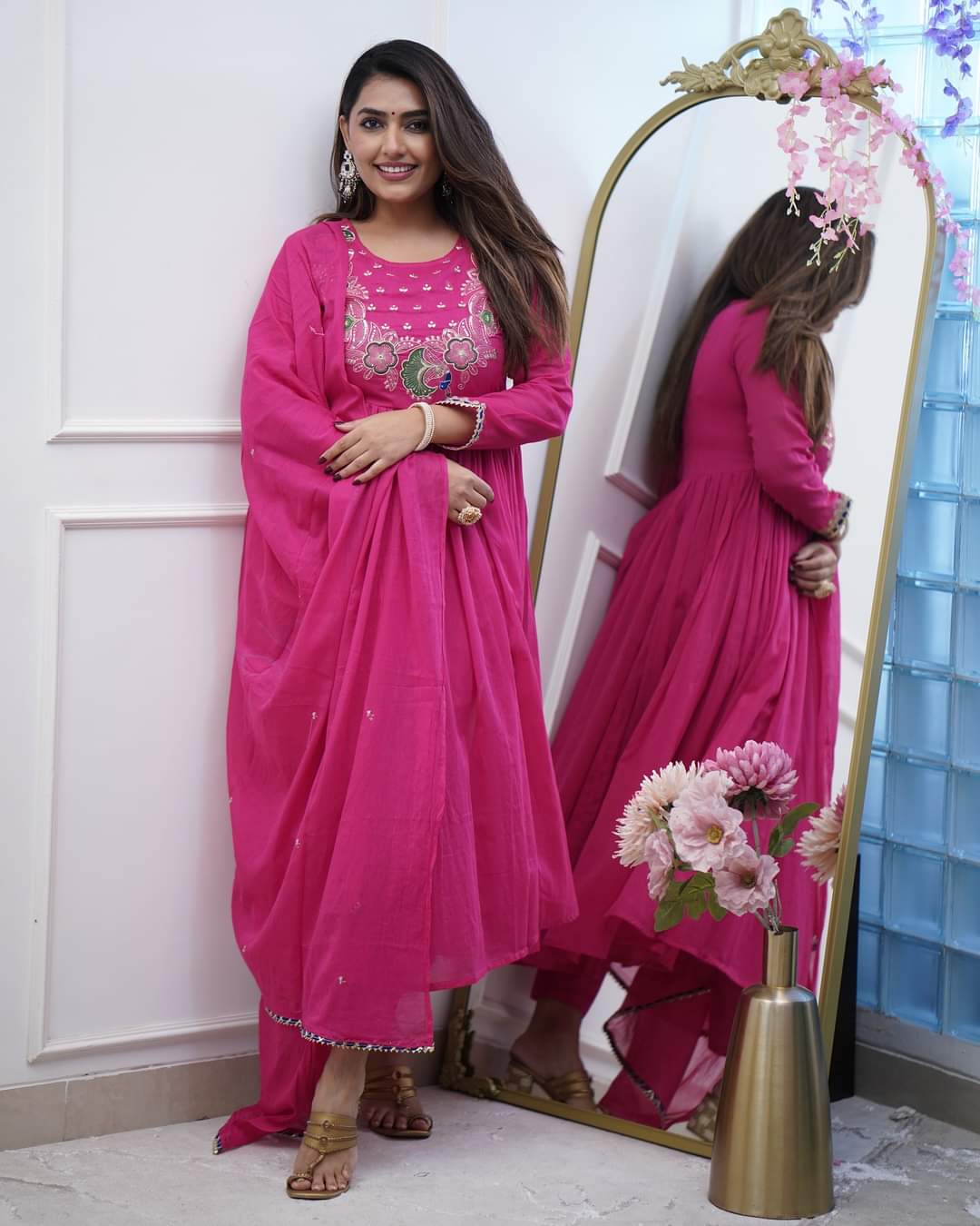 Stylish Womens Chinnon Embroidered Work with Anarkali Kurti Pant and Embroidered with Lace Work Two Side Dupatta Set
