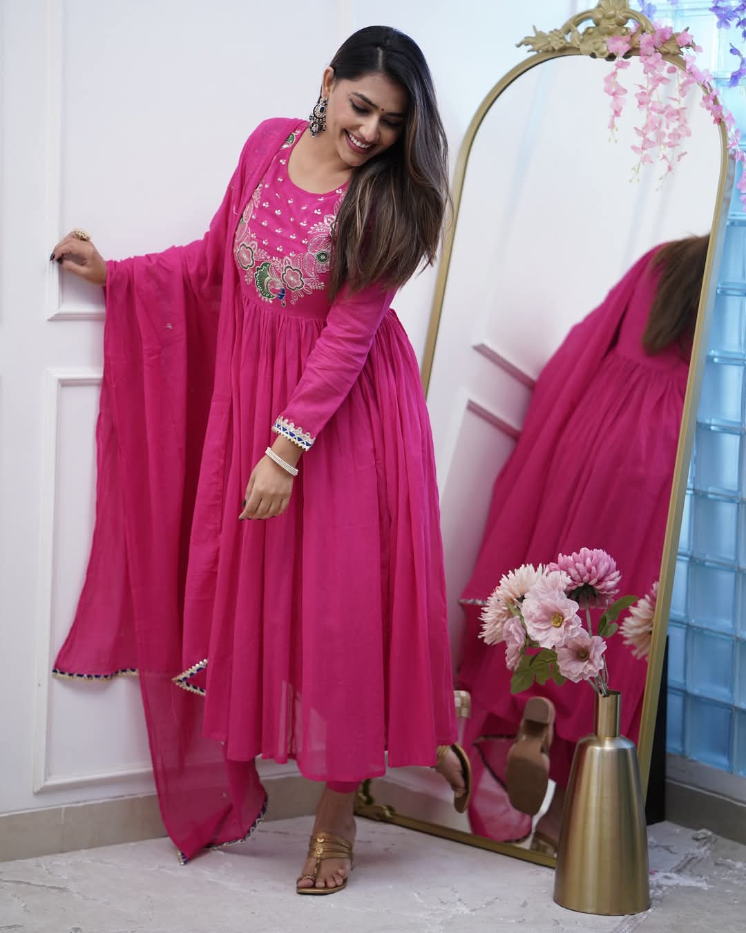 Stylish Womens Chinnon Embroidered Work with Anarkali Kurti Pant and Embroidered with Lace Work Two Side Dupatta Set
