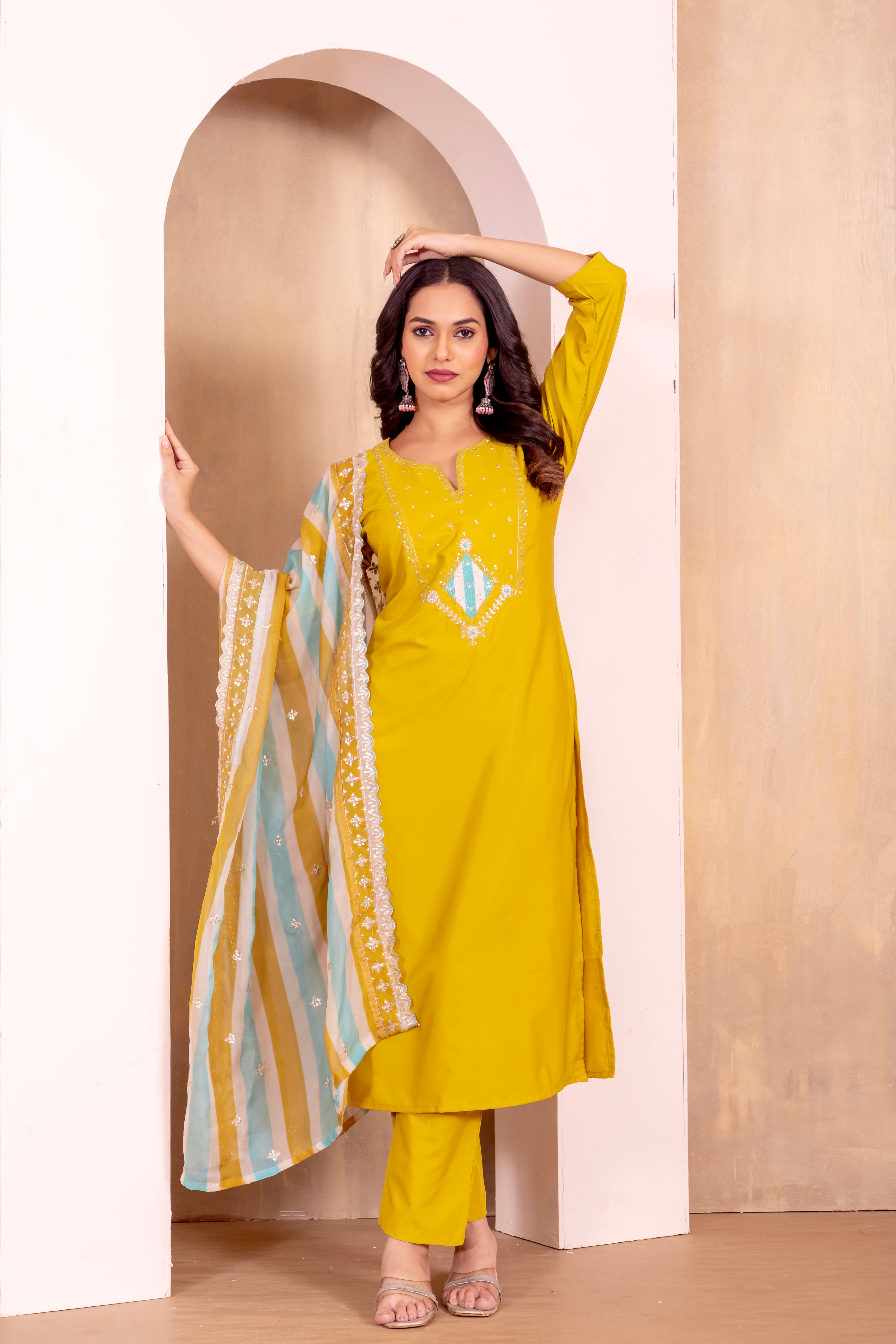 Roman Silk Kurta with Pant and Printed with Heavy Embroidered Sequence Work Lace Border Dupatta Sets
