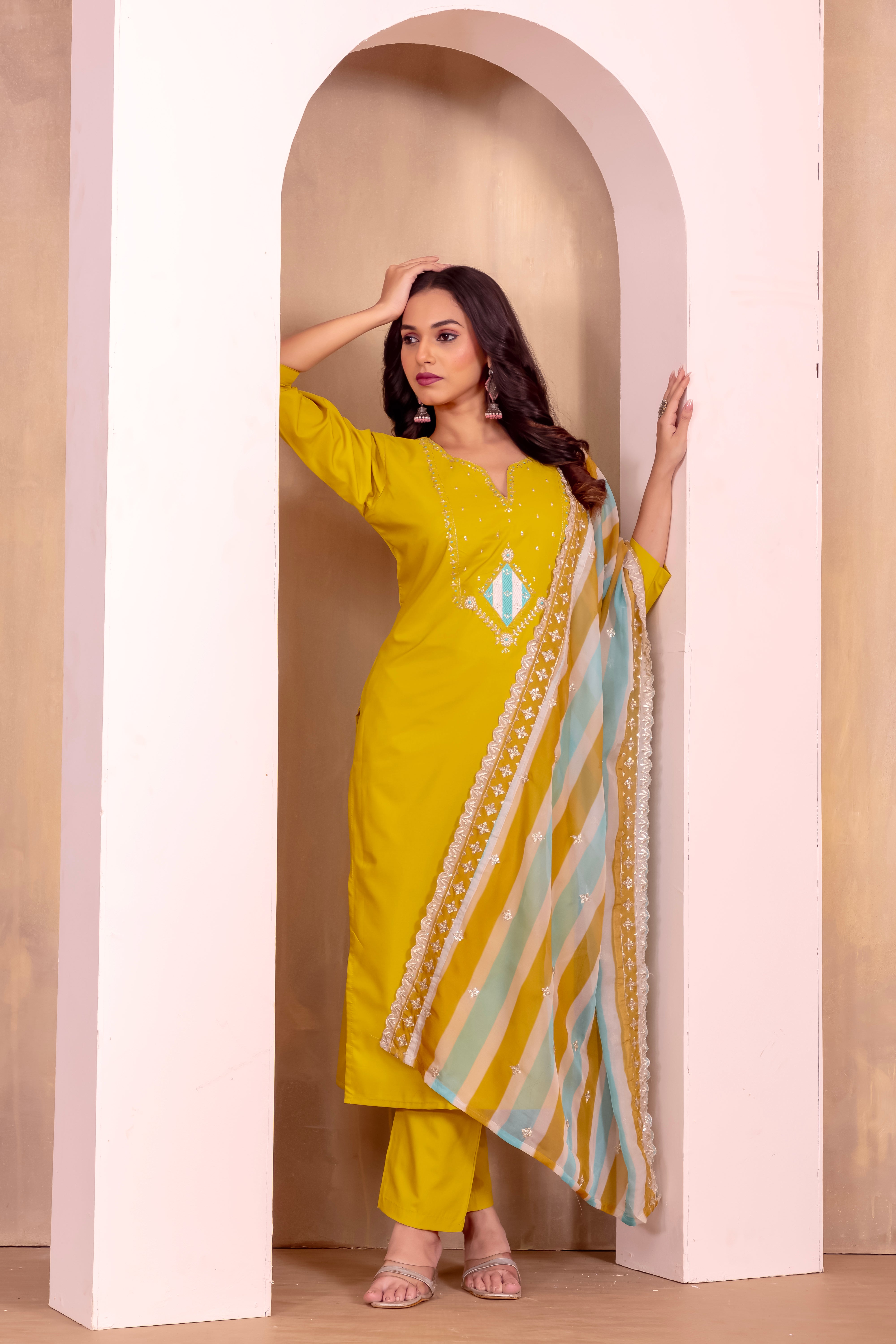 Roman Silk Kurta with Pant and Printed with Heavy Embroidered Sequence Work Lace Border Dupatta Sets