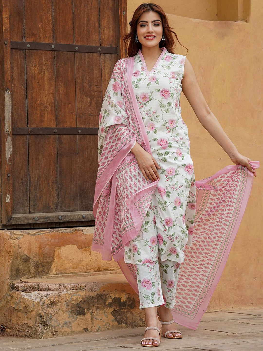 Womens Regular Sleeve less Kurta With Trousers & Dupatta Sets