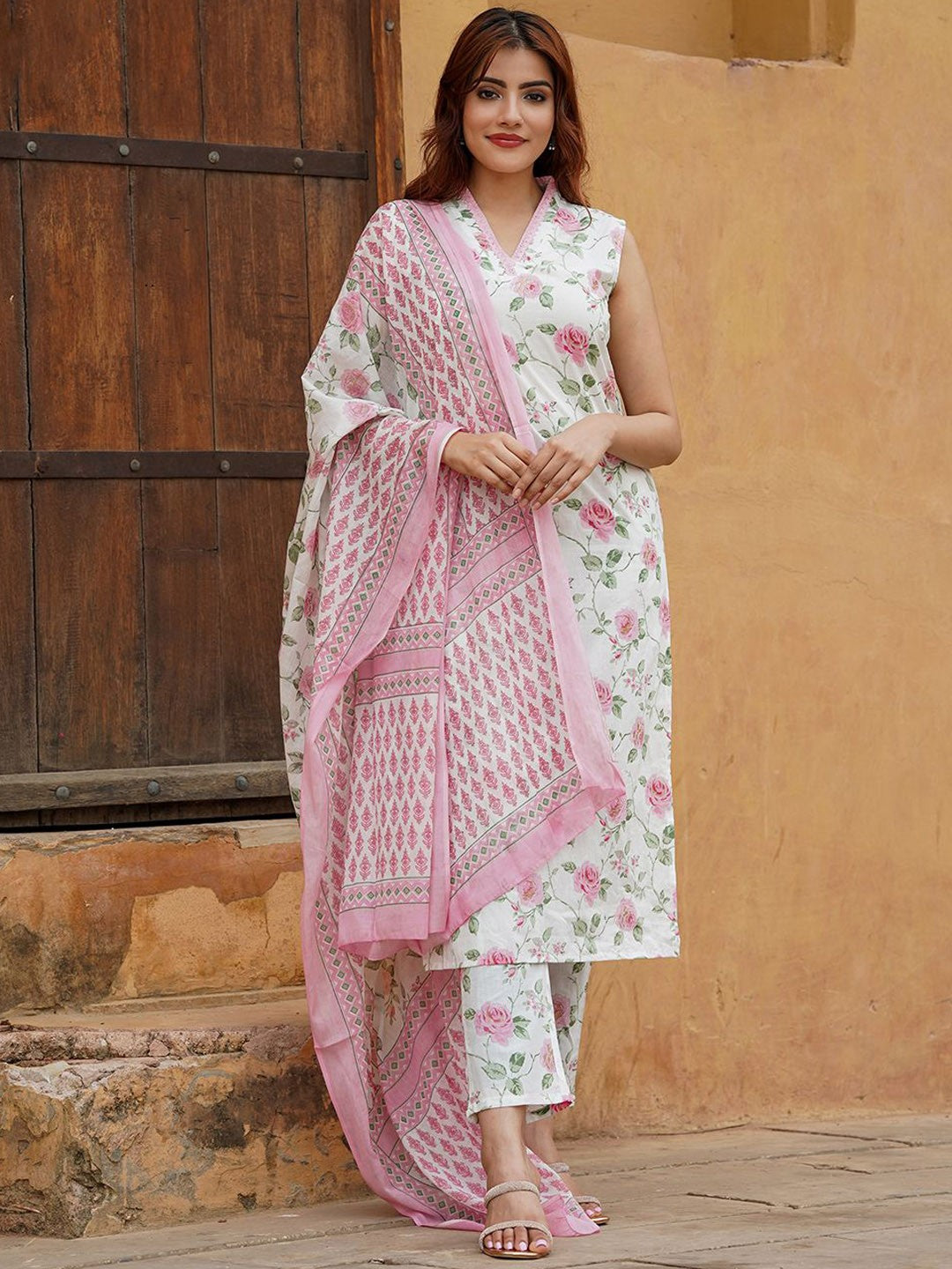 Womens Regular Sleeve less Kurta With Trousers & Dupatta Sets