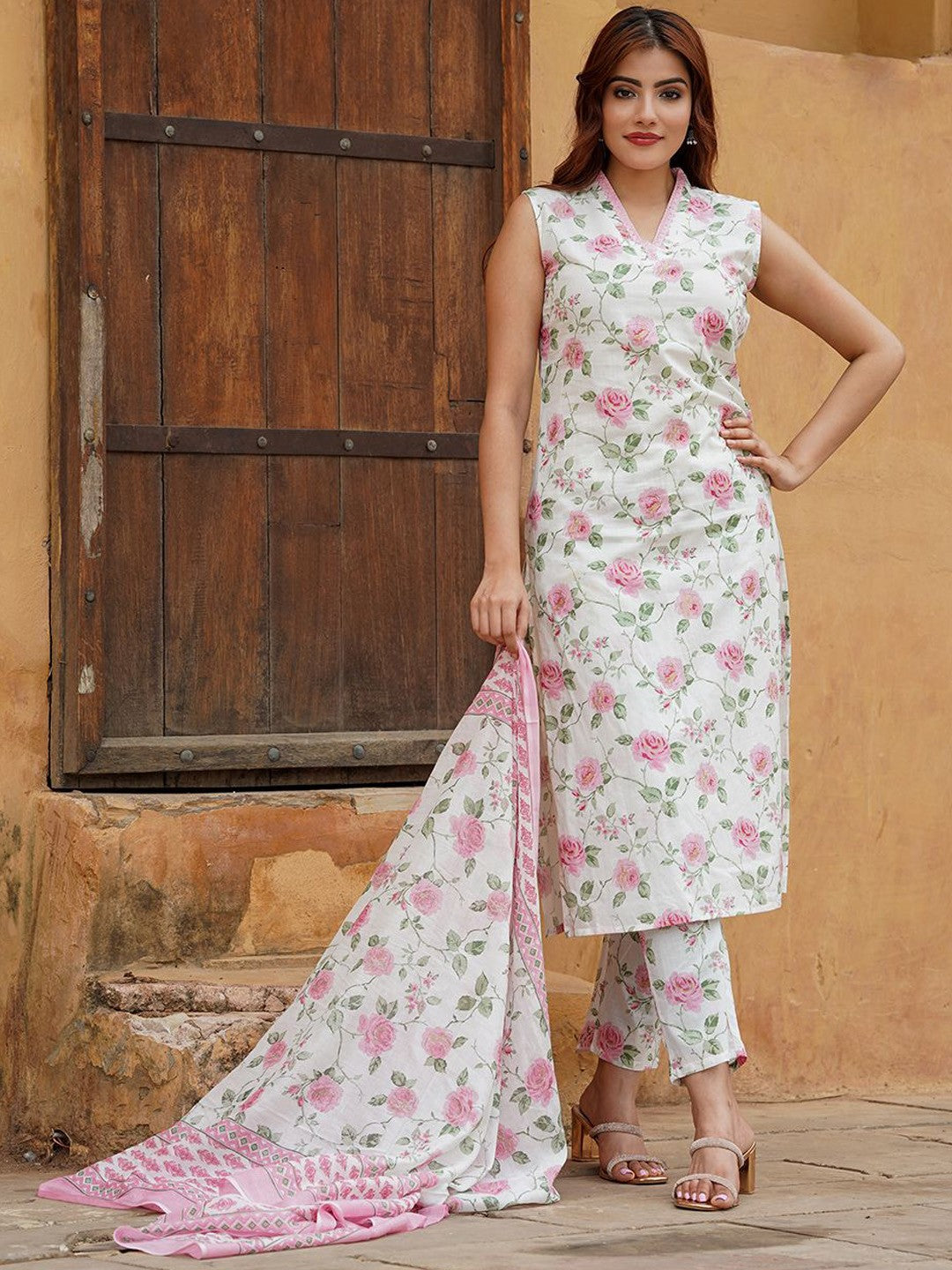 Womens Regular Sleeve less Kurta With Trousers & Dupatta Sets