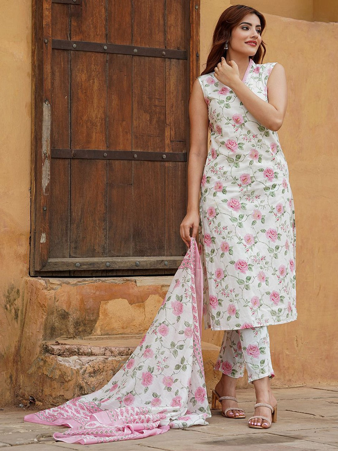 Womens Regular Sleeve less Kurta With Trousers & Dupatta Sets